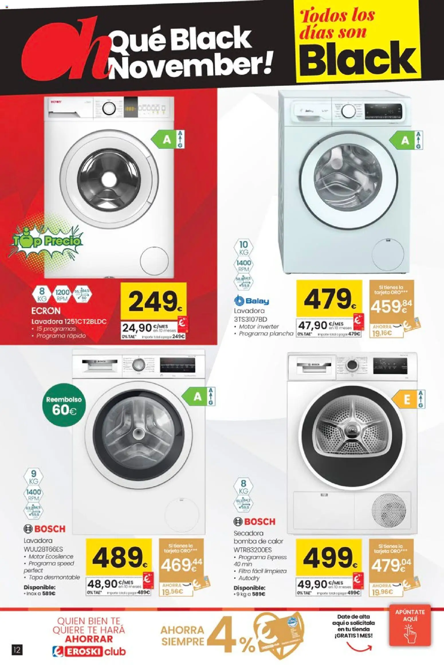 Eroski - Black Friday │ válido desde el 20.11.2025 | Página: 12 | Productos: Té, Lavadora, Secadora, Plancha