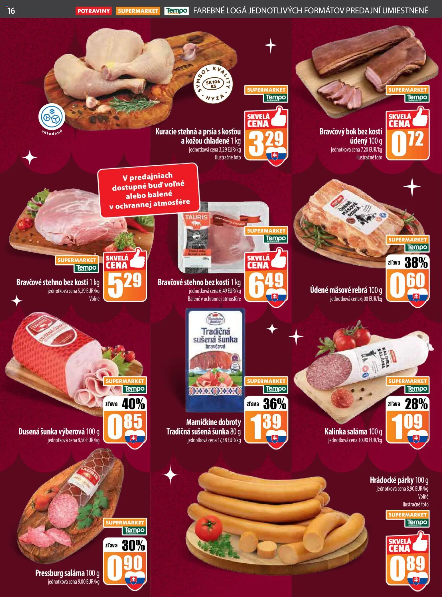 Nové COOP Jednota akcie – leták je platný od 18.12.2025 | Strana: 16 | Produkty: Šunka, Bravčové stehno, Kuracie stehná, Párky