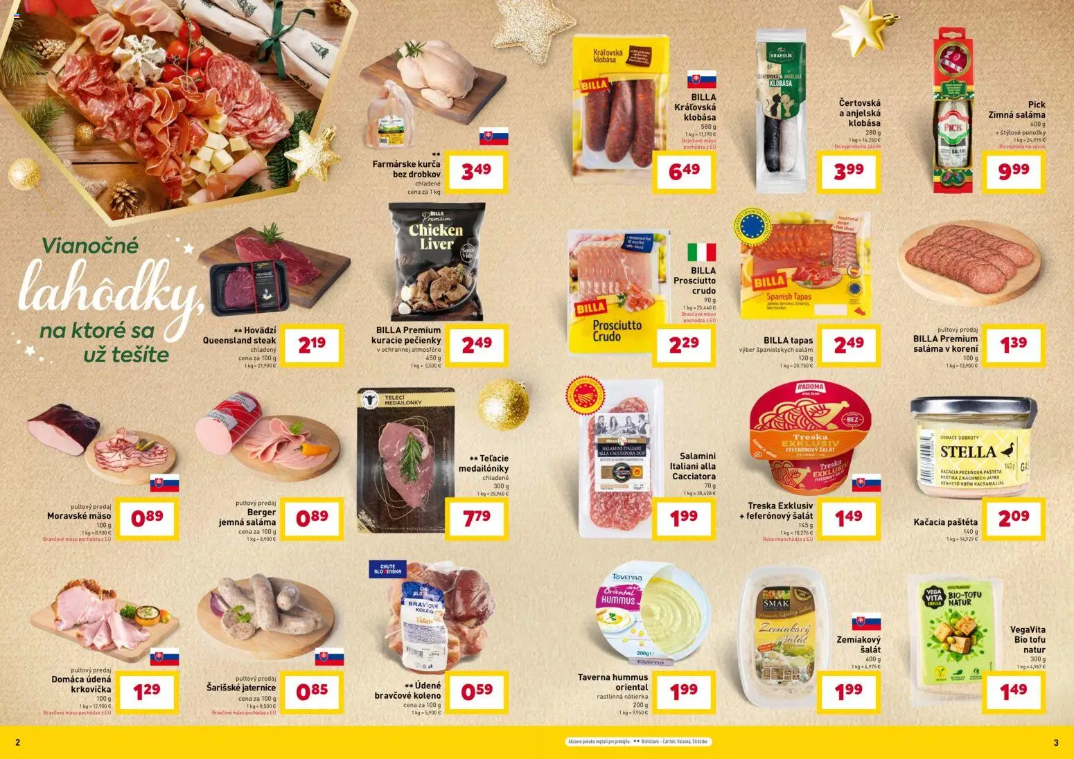 Nové Billa akcie – leták je platný od 12.11.2025 | Strana: 2 | Produkty: Saláma, Bravčové koleno, Kurča, Treska