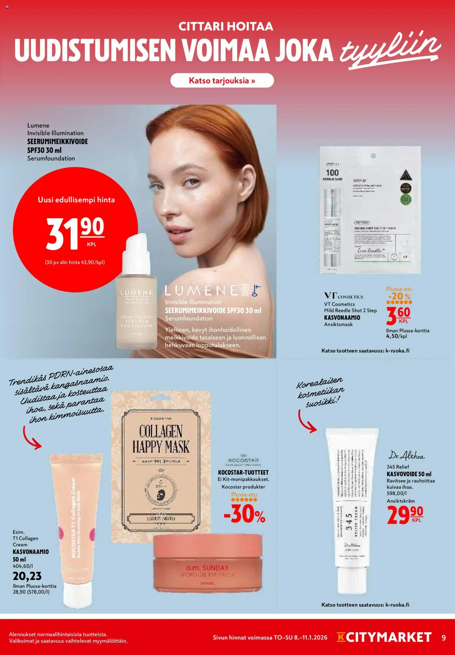 K-Citymarket tarjoukset – voimassa 08.01.2026 alkaen | Sivu: 9 | Tuotteet: Kasvonaamio, Kasvovoide