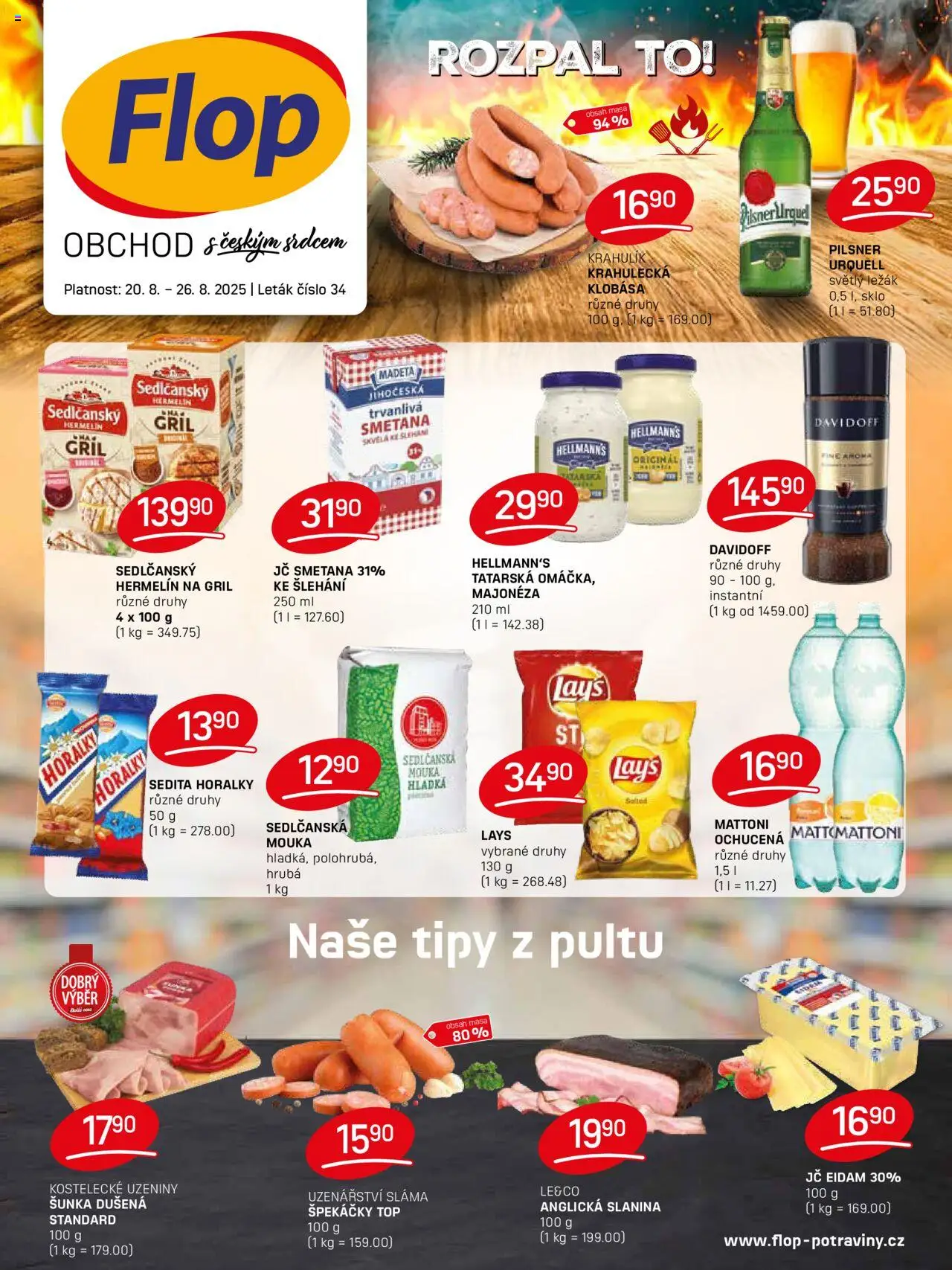 Flop leták od 20.08.2025 | Strana: 1 | Produkty: Pilsner, Anglická slanina, Majonéza, Slanina