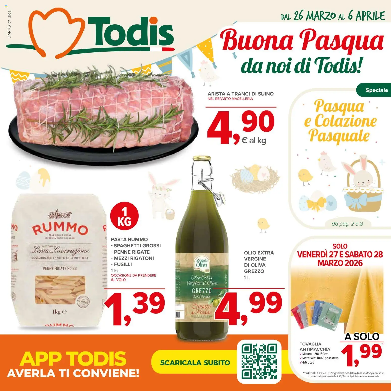 Volantino Todis del 26.03.2026 | Pagina: 1 | Prodotti: Suino, Pasta, Olio extra vergine, Tovaglia