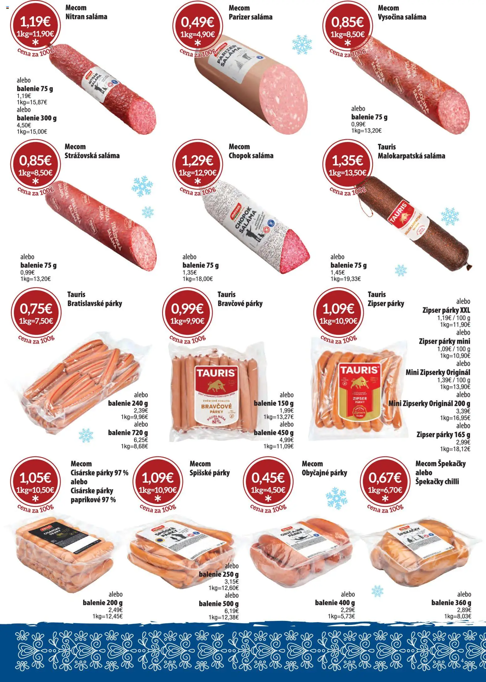 Nové CBA Komfos akcie – leták je platný od 01.12.2025 | Strana: 4 | Produkty: Saláma, Chilli, Párky