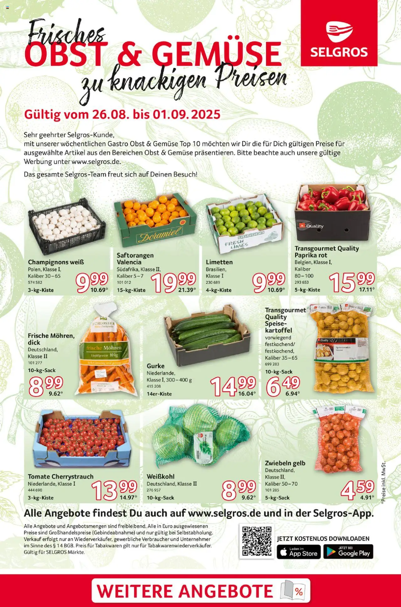 Selgros Obst & Gemüse - gültig ab dem 26.08.2025 | Seite: 1 | Produkte: Limetten, Champignons, Gemüse, Paprika