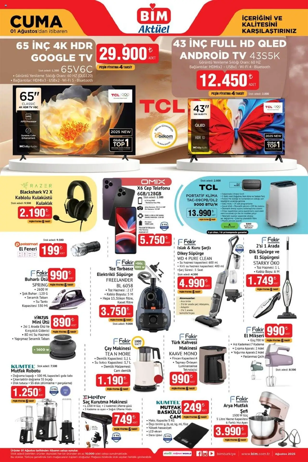 BİM Katalog - 01.08.2025 tarihinden itibaren geçerlidir | Sayfa: 1 | Ürünler: Su, Kablo, Disk, Demlik