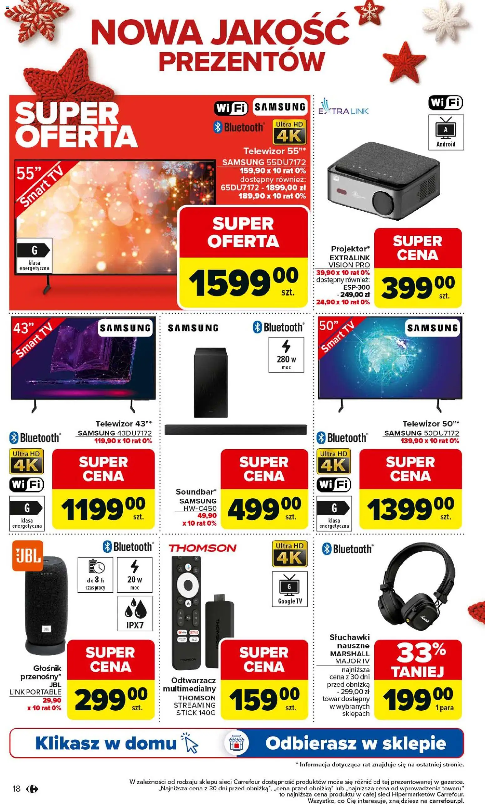 Carrefour Gazetka - Święta spełnionych marzeń od 01.12.2025 | Strona: 18 | Produkty: Telewizor, Słuchawki, Głośnik