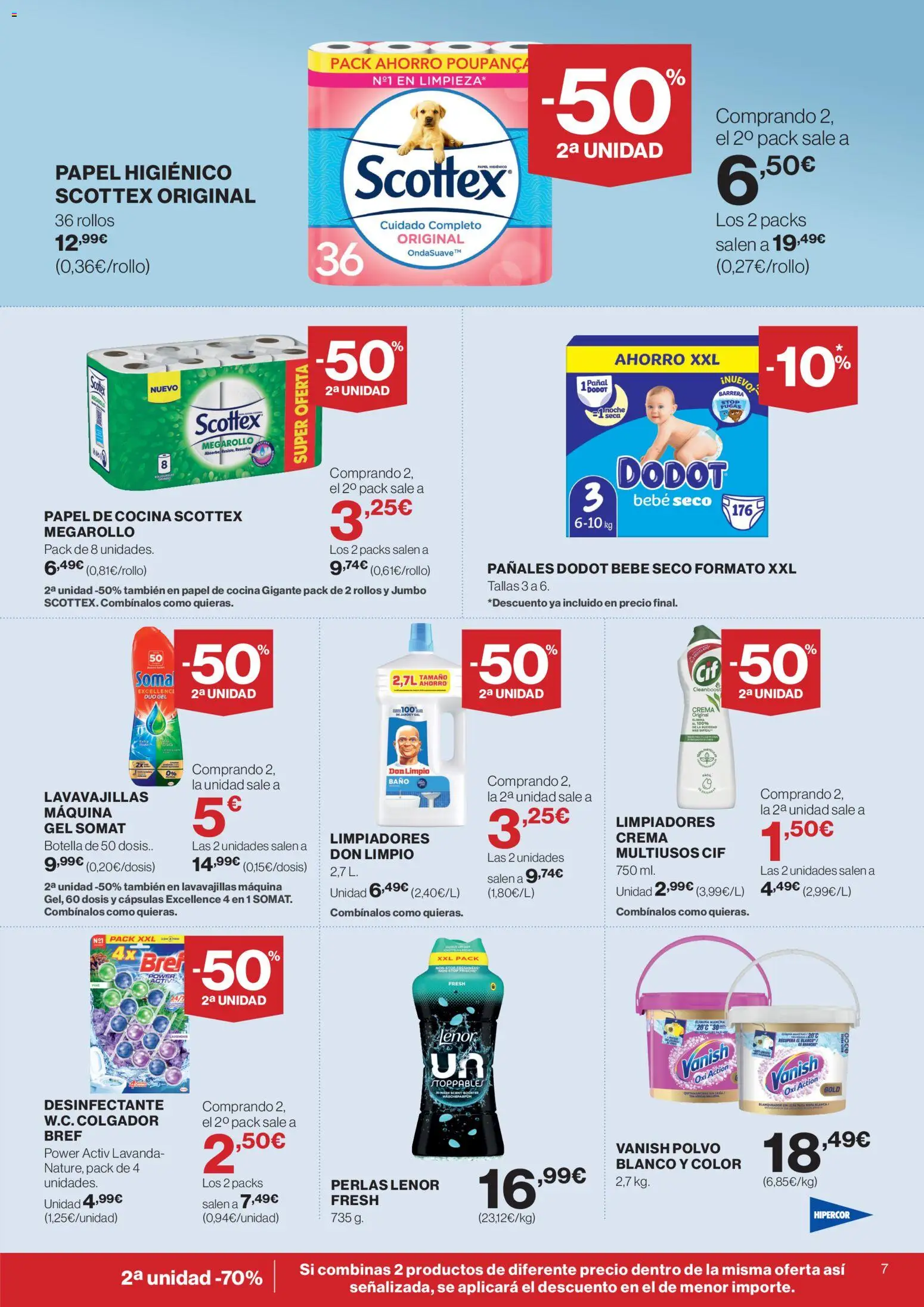 Hipercor catálogo │ válido desde el 09.04.2026 | Página: 7 | Productos: Papel higienico, Crema, Lavavajillas, Baño