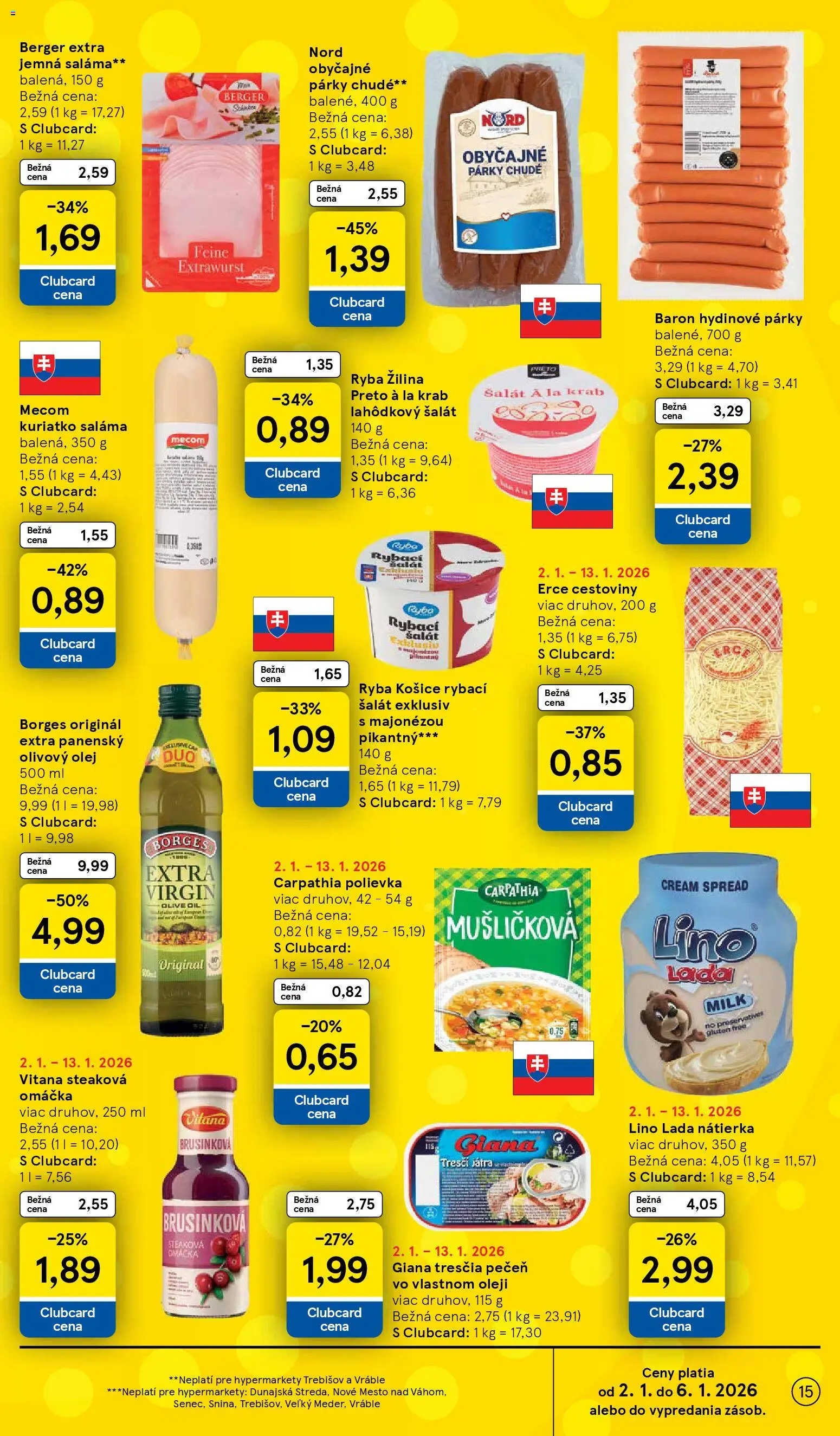 Nové Tesco akcie – leták je platný od 02.01.2026 | Strana: 15 | Produkty: Olej, Cestoviny, Omáčka, Párky