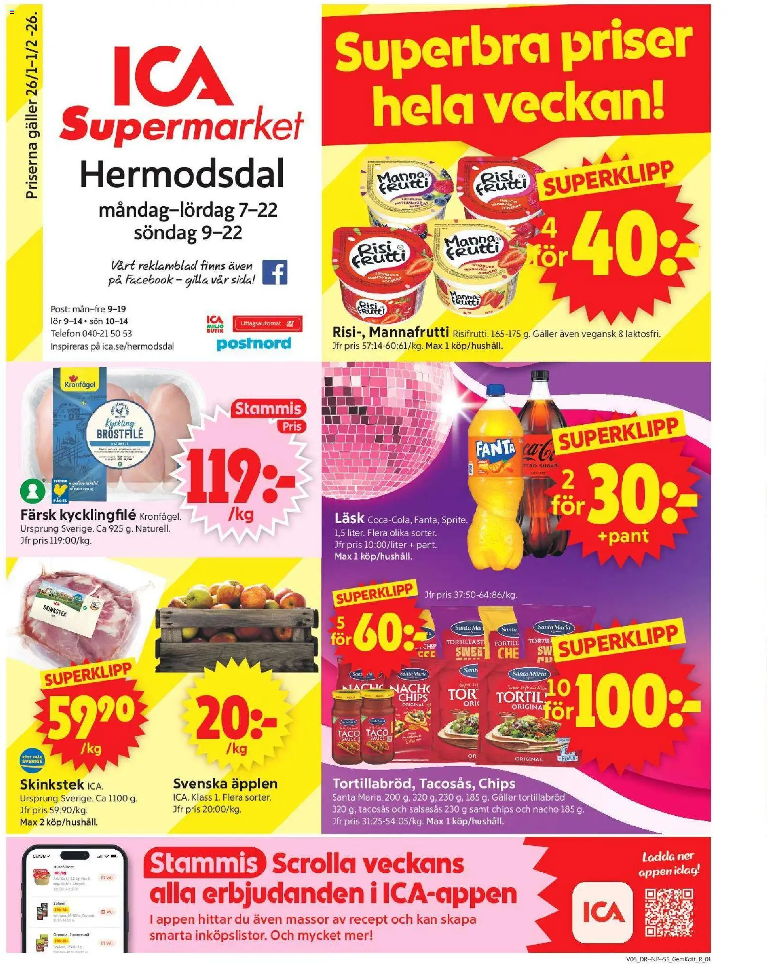 ICA Supermarket reklamblad aktuell från 26.01.2026 | Sida: 1 | Produkter: Tortilla, Tacosås, Kycklingfile, Chips