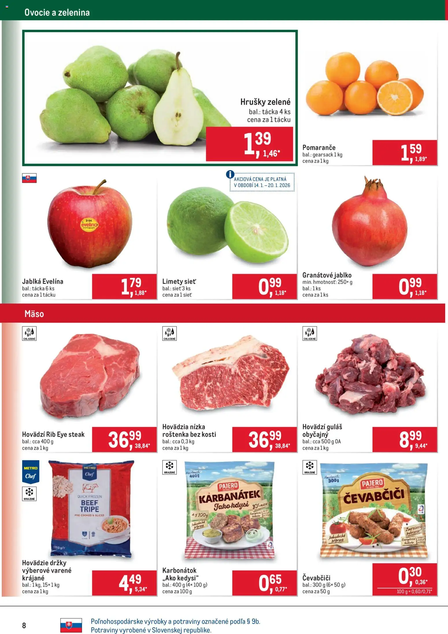 Nové Metro akcie – leták je platný od 14.01.2026 | Strana: 8 | Produkty: Jablká, Pomaranče, Steak, Hrušky