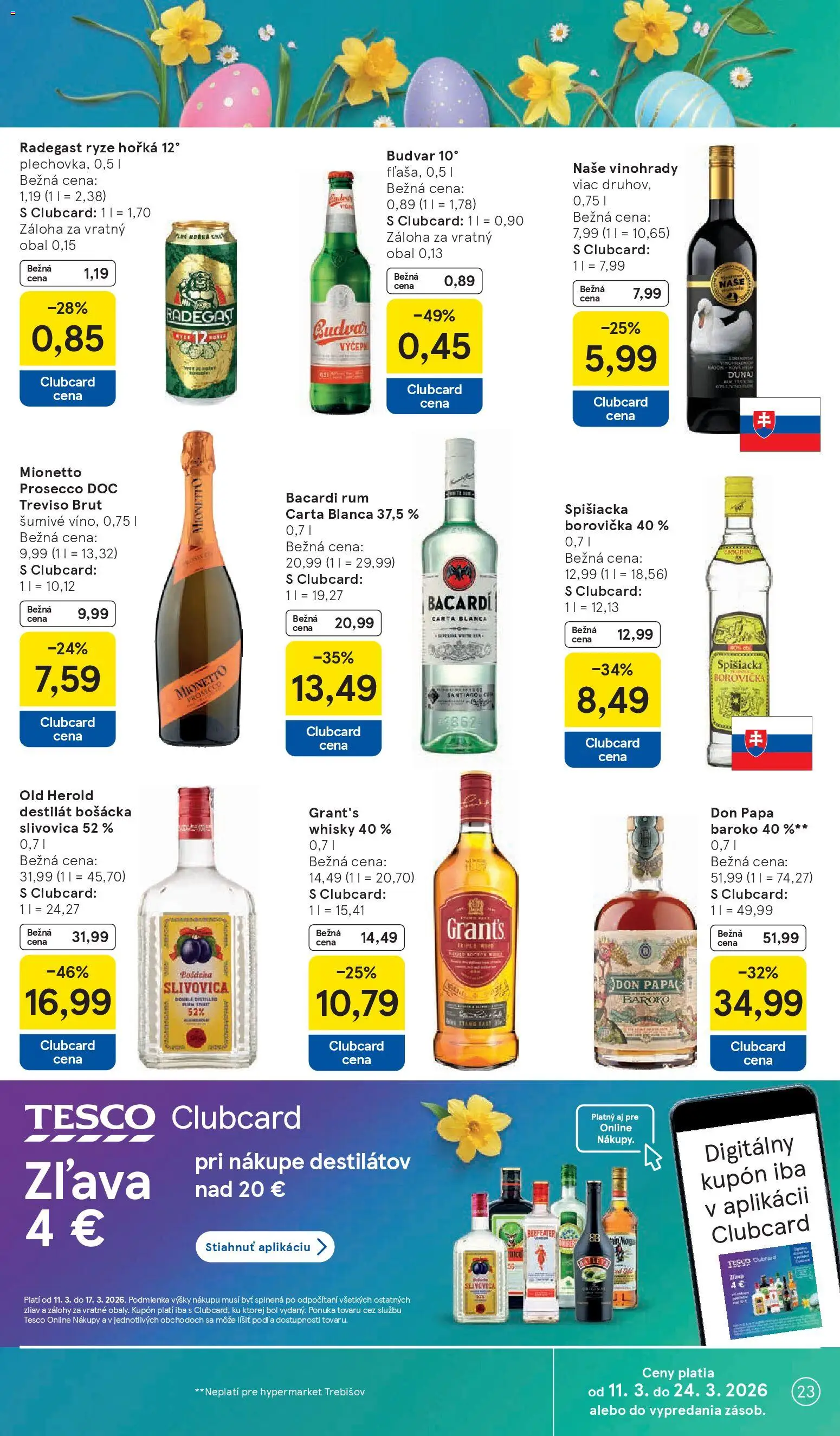 Nové Tesco akcie – leták je platný od 11.03.2026 | Strana: 23 | Produkty: Borovička, Budvar, Whisky, Rum