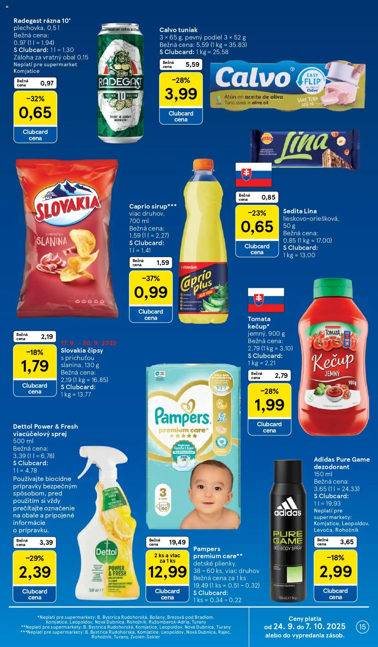 Nové Tesco akcie – leták je platný od 24.09.2025 | Strana: 15 | Produkty: Tuniak, Radegast, Adidas, Steak