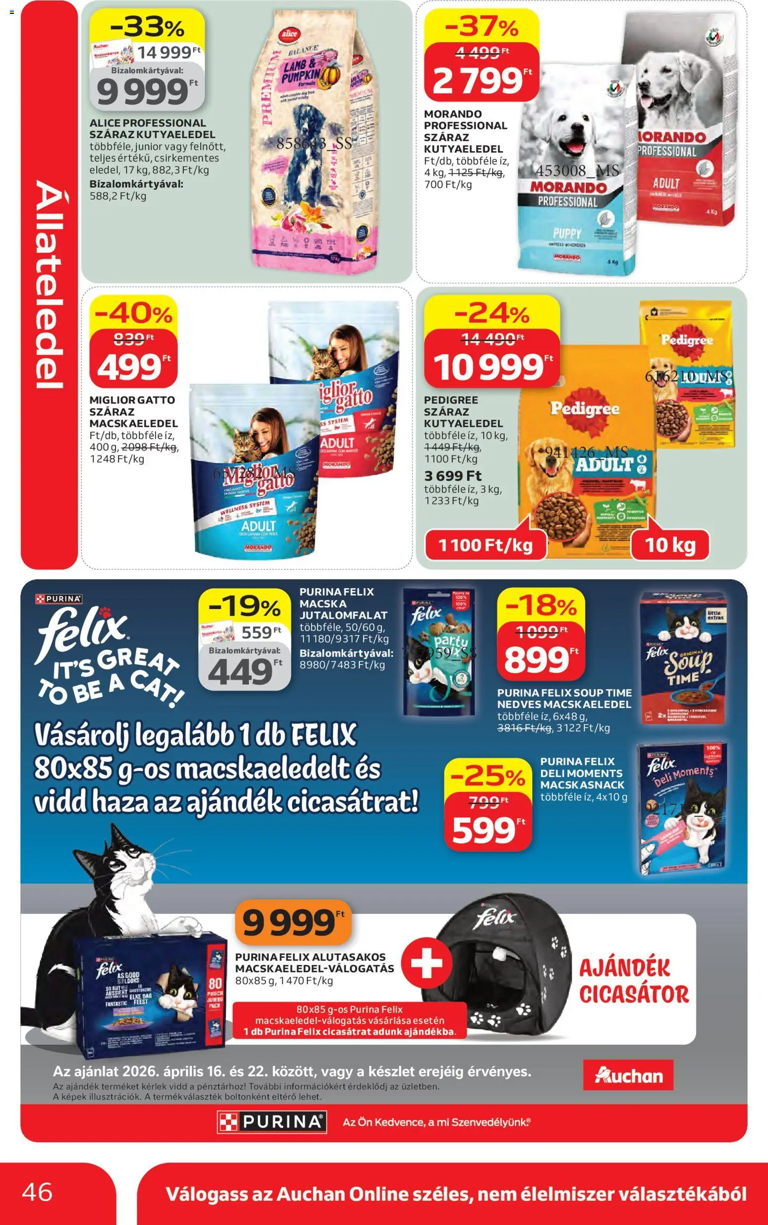 Auchan akciós ujság - amely érvényes a következő dátumtól: 16.04.2026 | Oldal: 46 | Termékek: Macskaeledel, Kutyaeledel