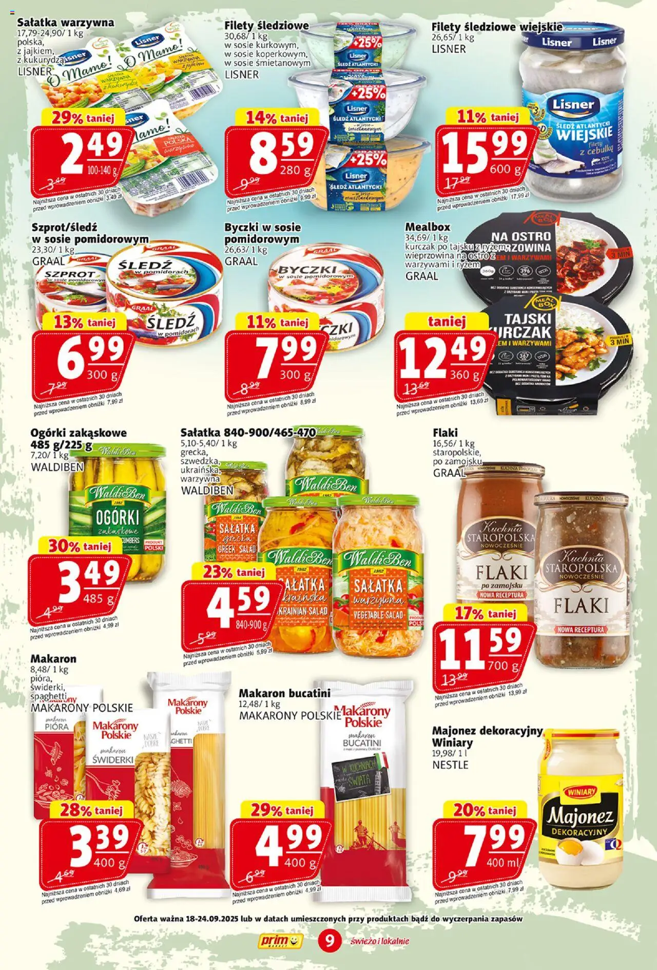 Prim Market Gazetka od 18.09.2025 | Strona: 9 | Produkty: Kurczak, Śledź, Makaron, Majonez