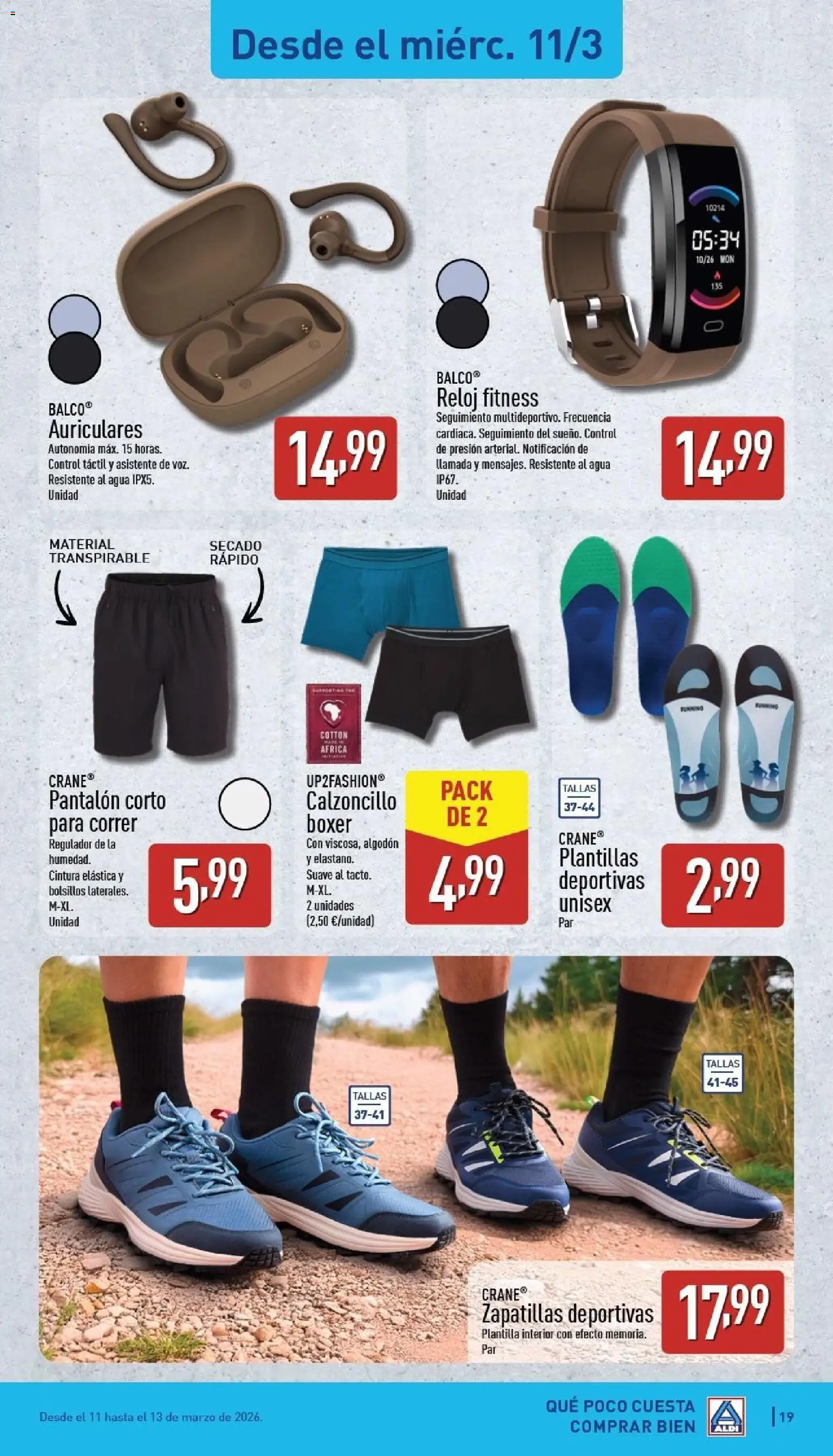 Aldi folleto Península │ válido desde el 09.03.2026 | Página: 19 | Productos: Zapatillas deportivas, Zapatillas, Auriculares, Pantalón corto