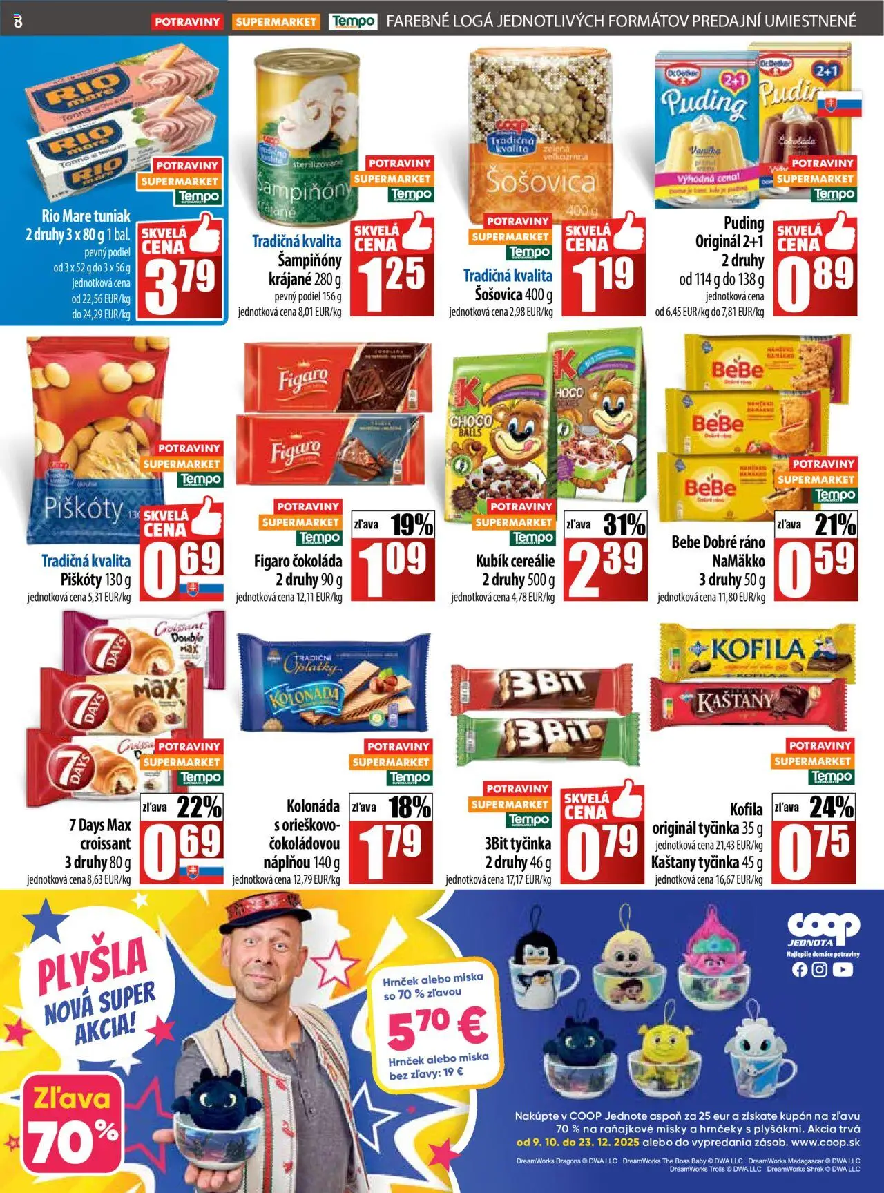 Nové COOP Jednota akcie – leták je platný od 09.10.2025 | Strana: 8 | Produkty: BeBe Dobré ráno, Tuniak, Puding, Cereálie