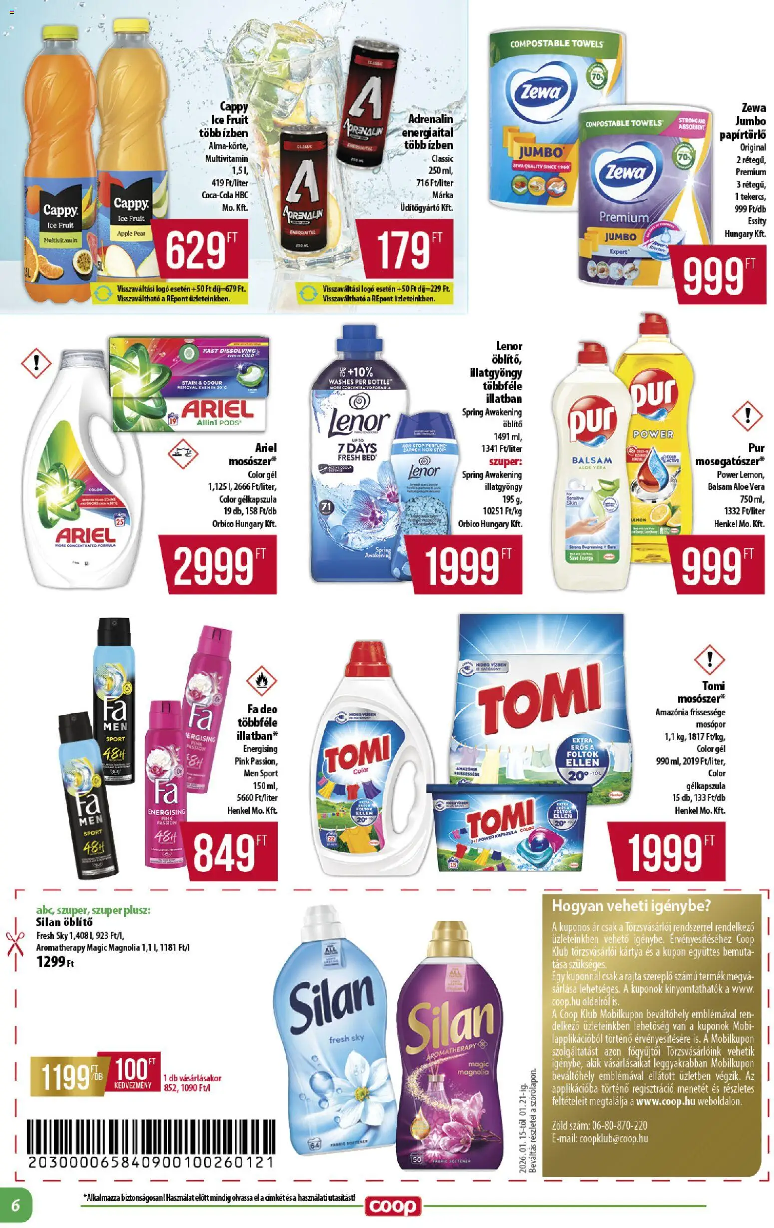 COOP akciós ujság - amely érvényes a következő dátumtól: 15.01.2026 | Oldal: 6 | Termékek: Energiaital, Papírtörlő, Öblítő, Mosópor
