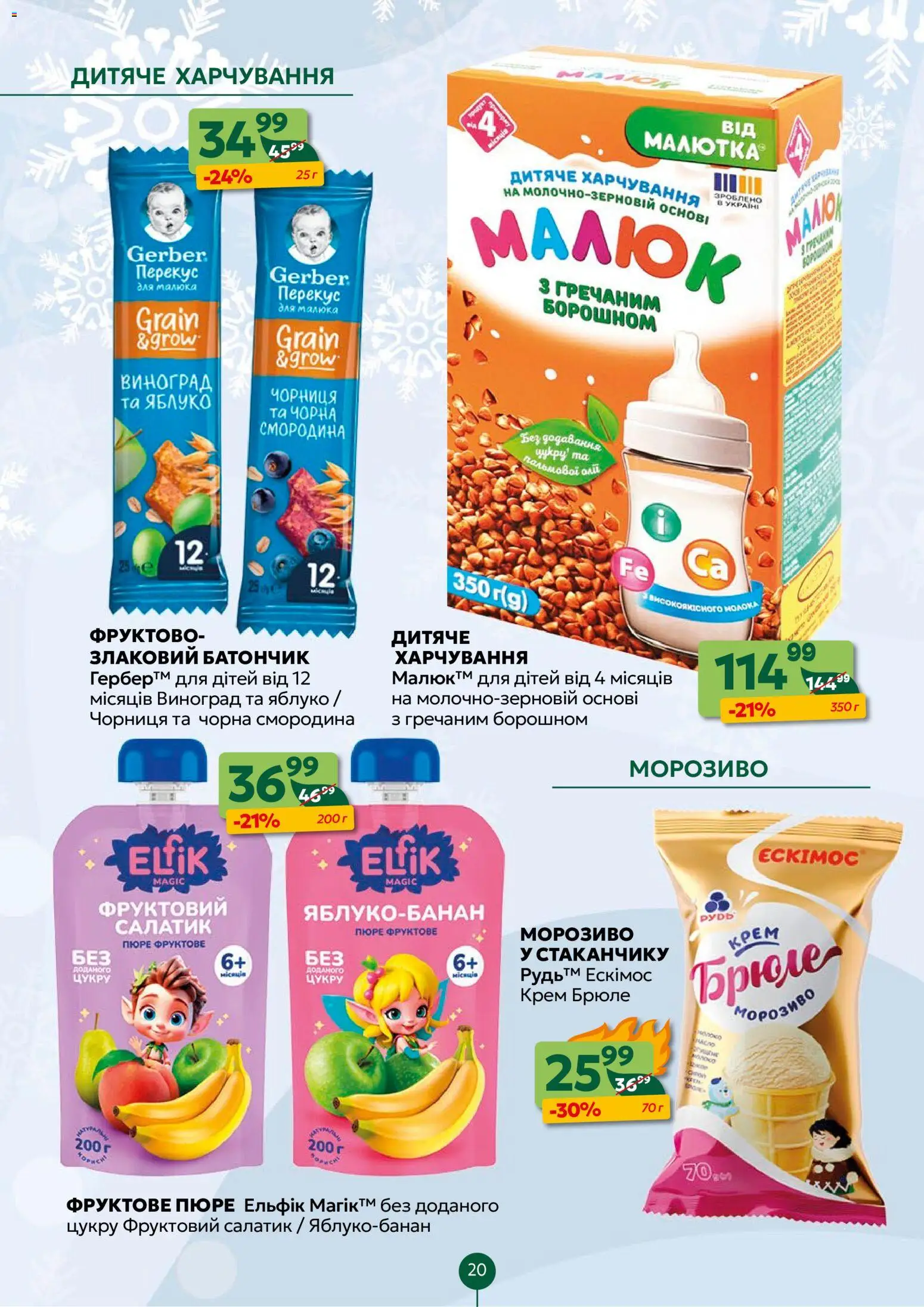 Близенько Kаталог - дійснийкції з 12.01.2026 | Сторінка: 20 | Товари: Морозиво, Пюре, Батончик, Молоко