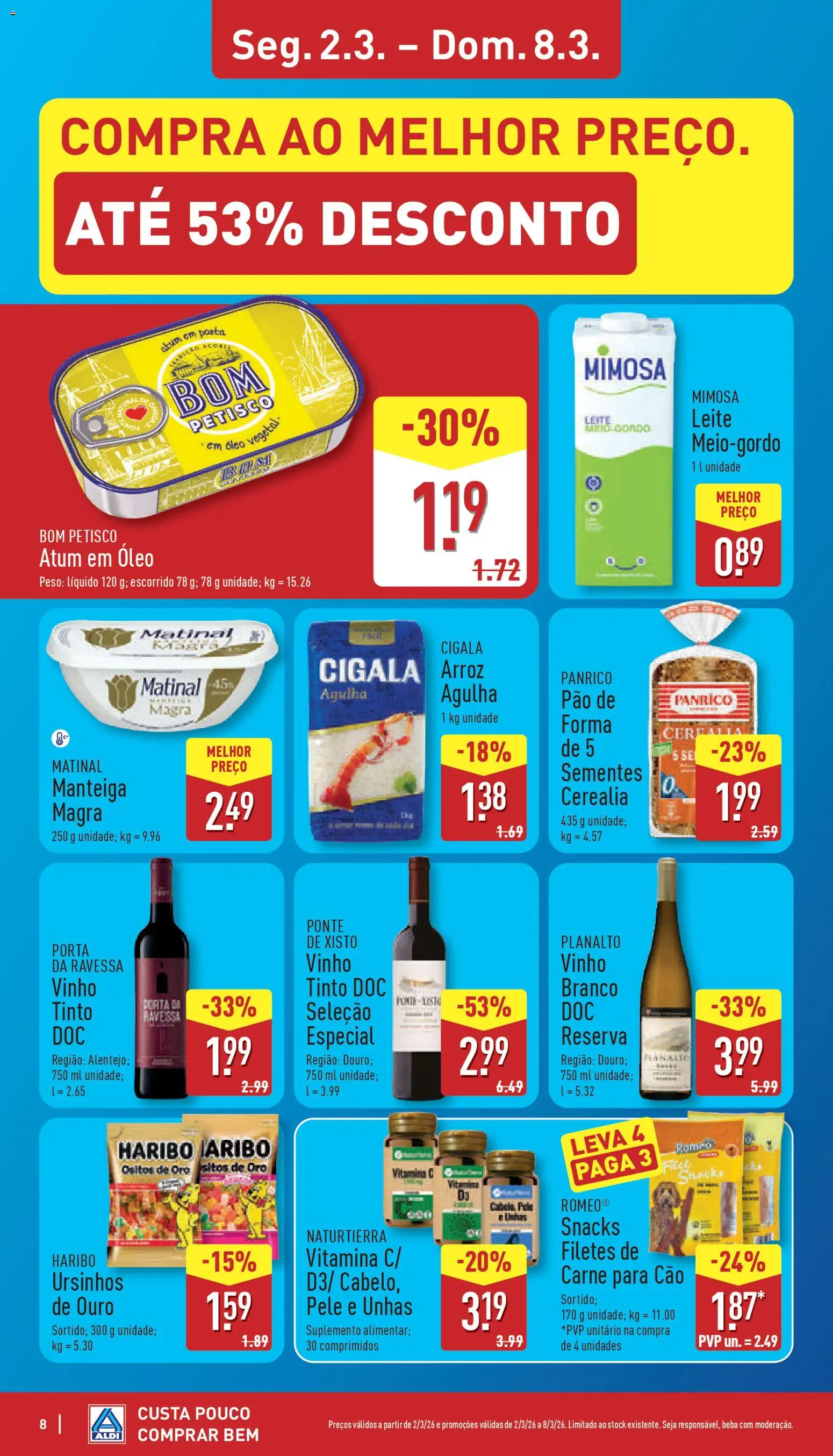 Aldi folheto │ válido de 02.03.2026 | Página: 8 | Produtos: Leite, Vitamina c, Arroz, Vinho tinto