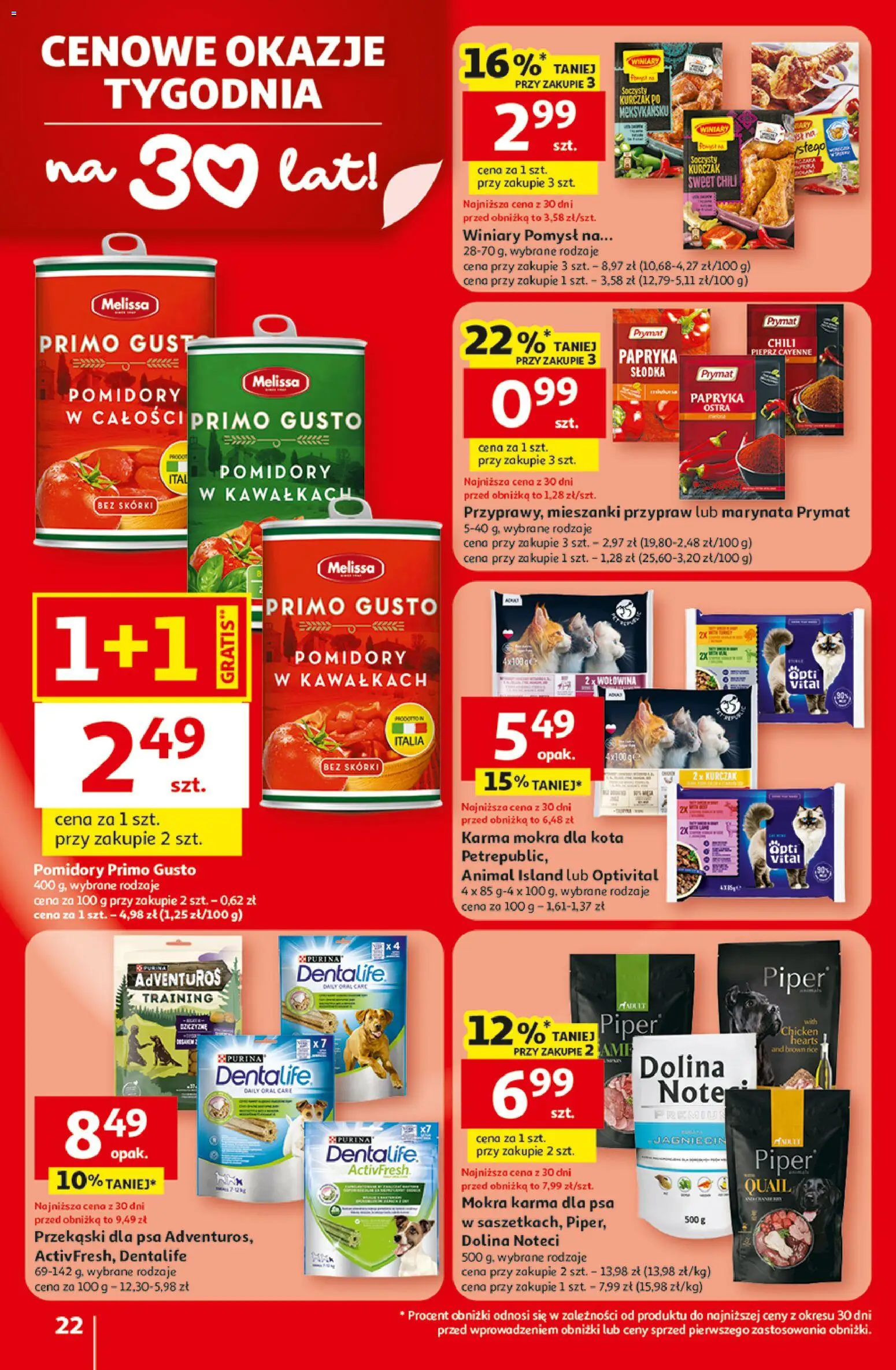 Auchan Gazetka - 30 Lat Hipermarket od 19.02.2026 | Strona: 22 | Produkty: Karma mokra dla kota, Karma dla psa, Wołowina, Pieprz