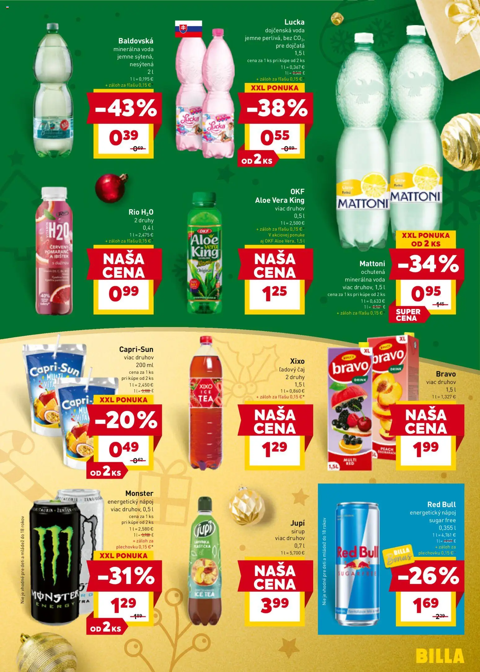Nové Billa akcie – leták je platný od 26.11.2025 | Strana: 17 | Produkty: Red Bull, Lucka, Minerálna voda, Baldovská