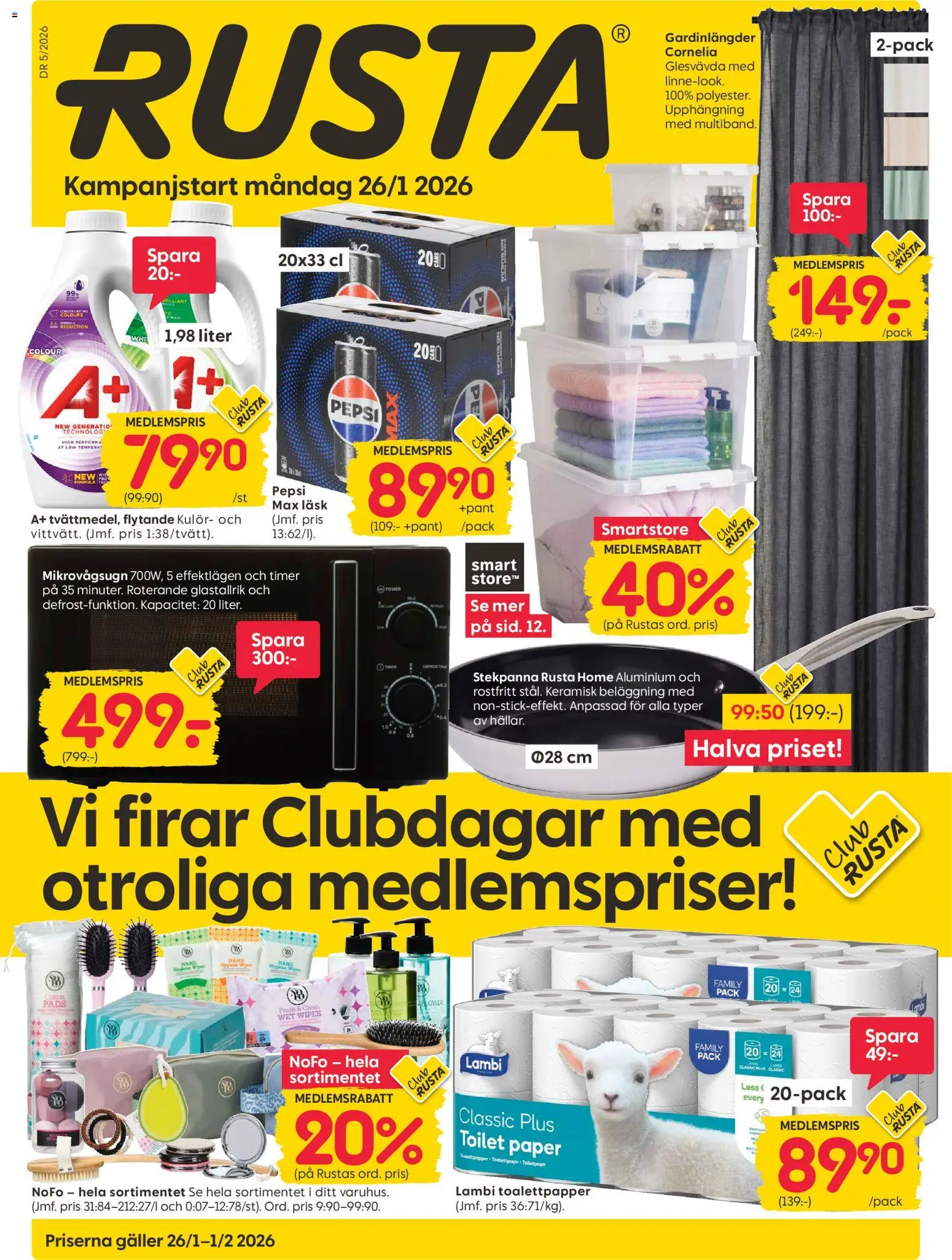 Rusta reklamblad aktuell från 26.01.2026 | Sida: 1 | Produkter: Toalettpapper, Galler, Pepsi, Stekpanna