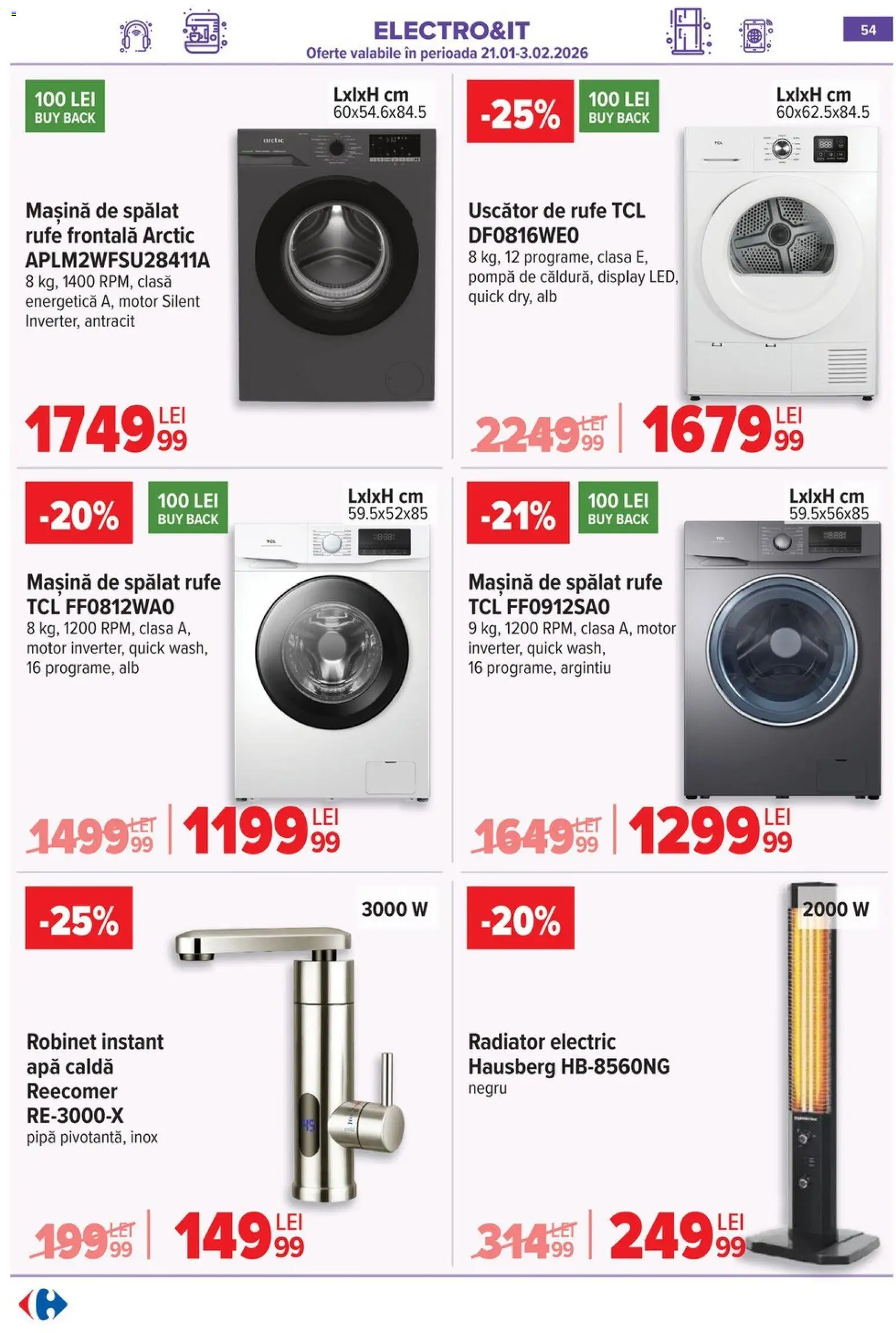 Noul catalog Carrefour – valabil de la 28.01.2026 | Pagină: 54 | Produse: Mașină De Spălat, Uscător, Apă
