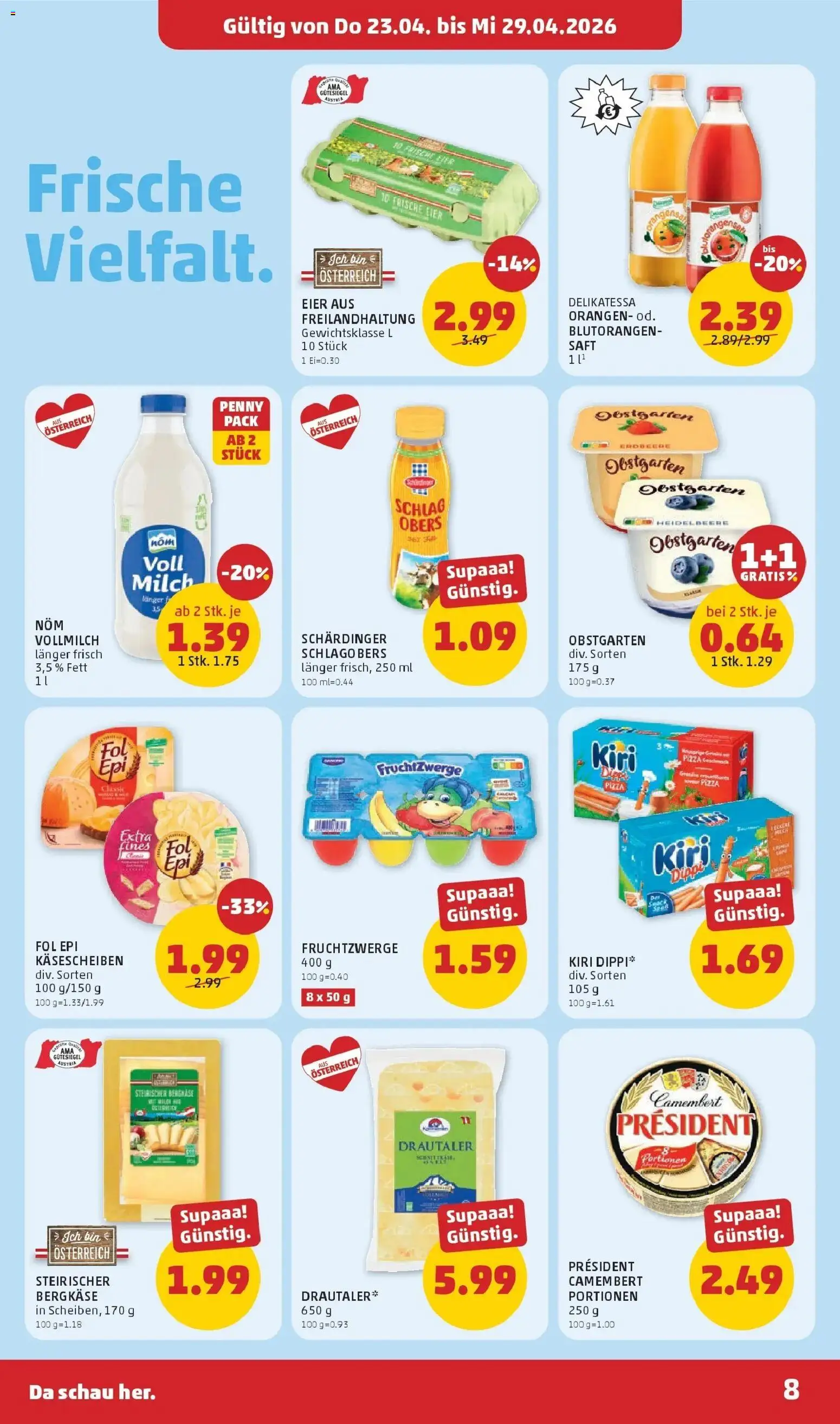 Penny Markt Die ganze Woche sparen gültig ab 23.04.2026 | Seite: 8 | Produkte: Eier, Pizza, Saft, Orangen