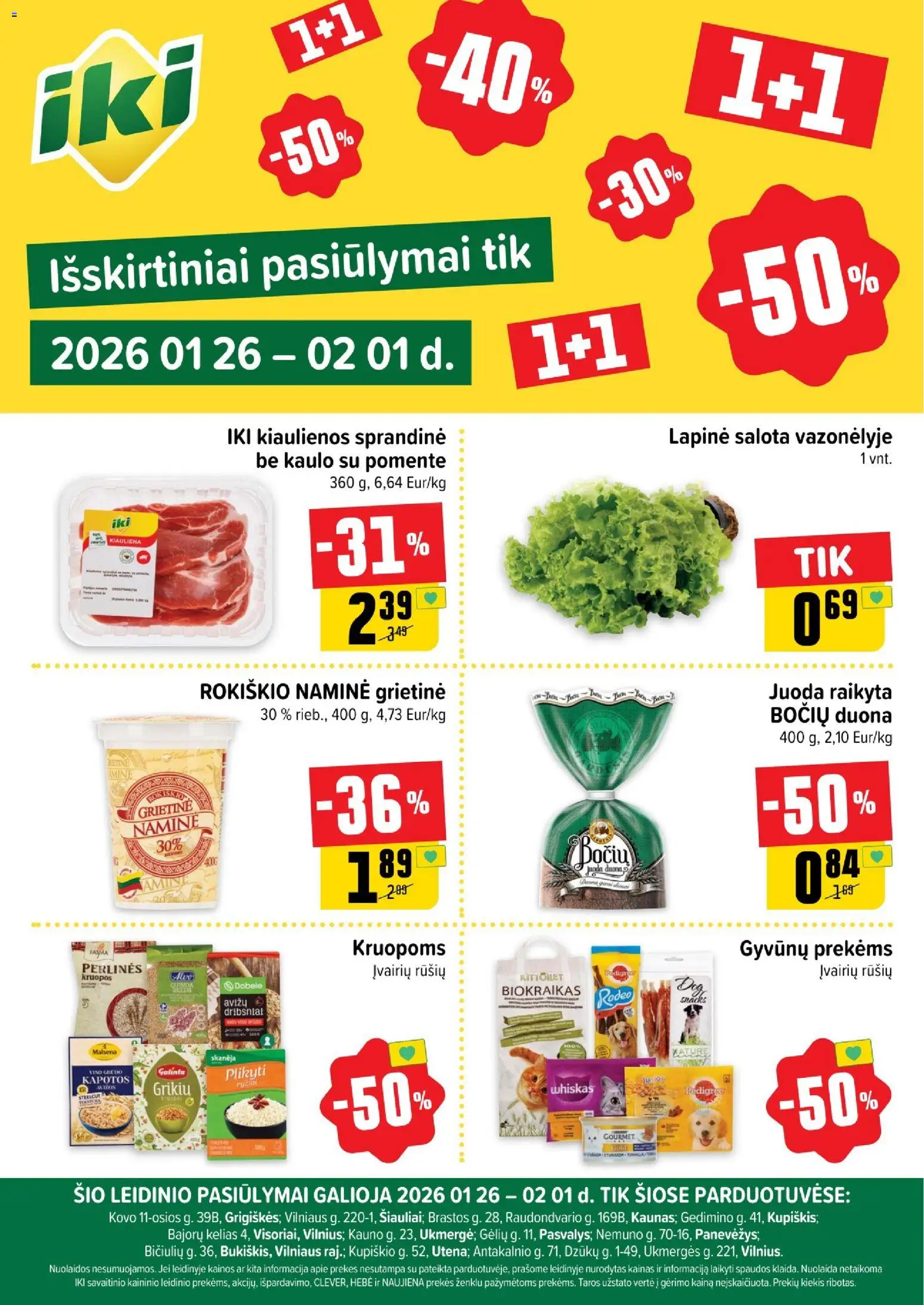 IKI akcijos nuo 26.01.2026 | Puslapis: 1 | Prekių: Kiaulienos, Kruopos, Duona, Kiauliena