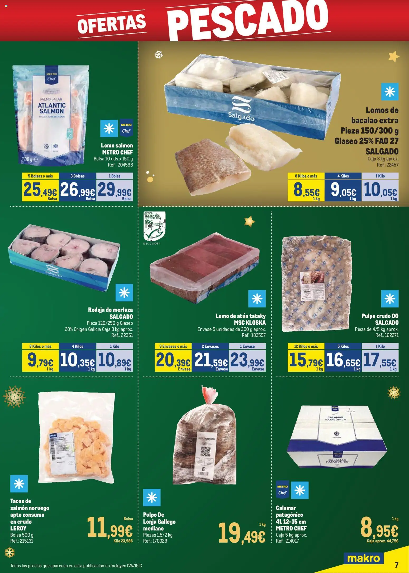 Makro - Precios Sur │ válido desde el 24.11.2025 | Página: 7 | Productos: Pescado, Tacos, Bolsa, Caja