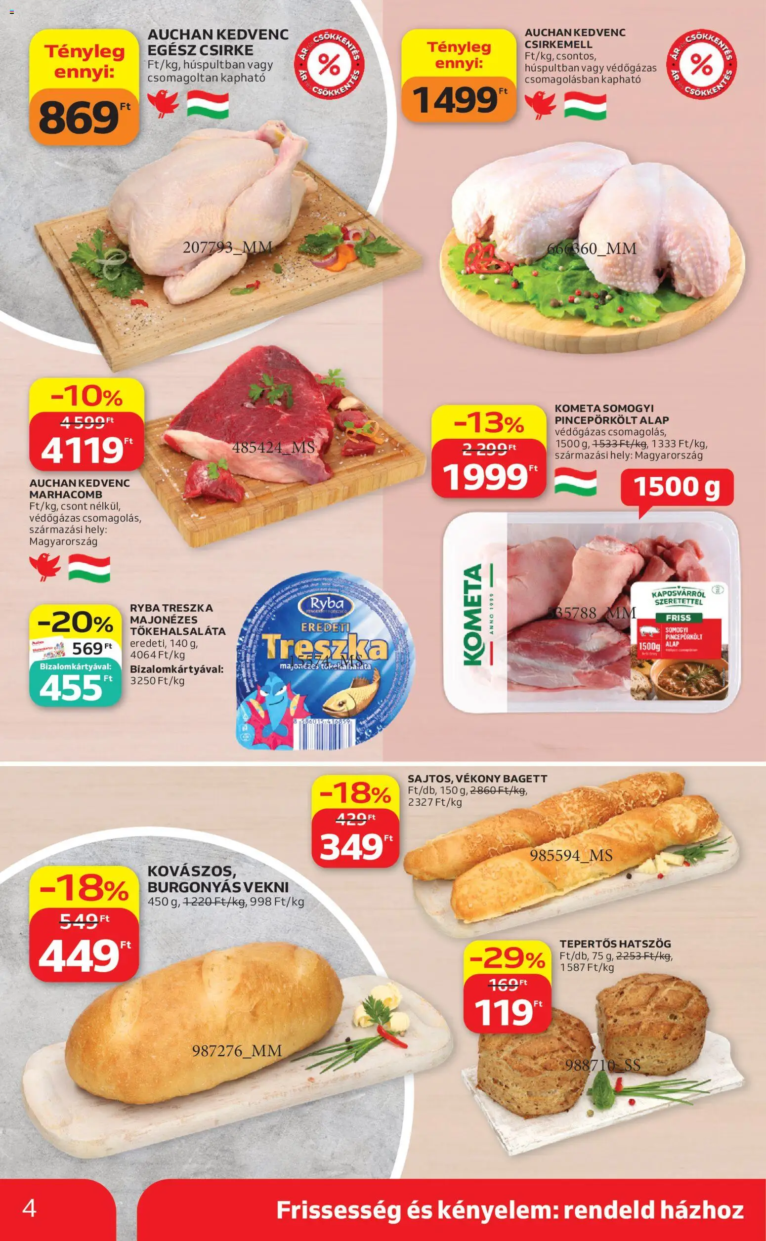 Auchan akciós ujság - amely érvényes a következő dátumtól: 30.04.2026 | Oldal: 4 | Termékek: Egész csirke, Bagett, Csirkemell, Marhacomb