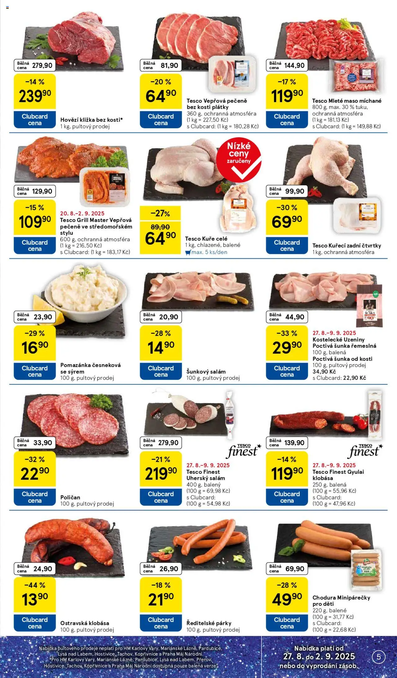 Tesco leták - Hypermarket od 27.08.2025 | Strana: 5 | Produkty: Vepřová pečeně, Klobása, Mleté maso, Maso