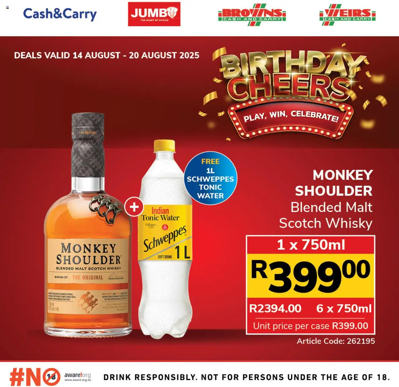 Jumbo Birthday Deals Whisky │ valid from 14.08.2025 | Page: 4 | Products: Case, Tonic, Water