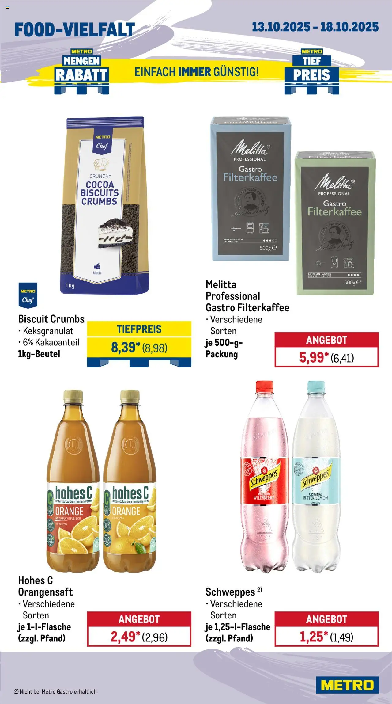 Metro Wochen-Angebote Gastro – gültig ab 13.10.2025 | Seite: 15 | Produkte: Melitta, Kaffee, Schweppes, Hohes c