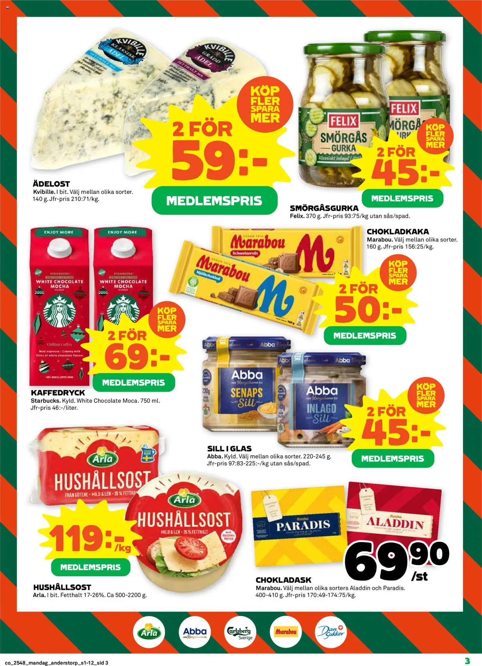 Coop reklamblad aktuell från 24.11.2025 | Sida: 3 | Produkter: Chokladkaka, Sill, Hushållsost, Gurka
