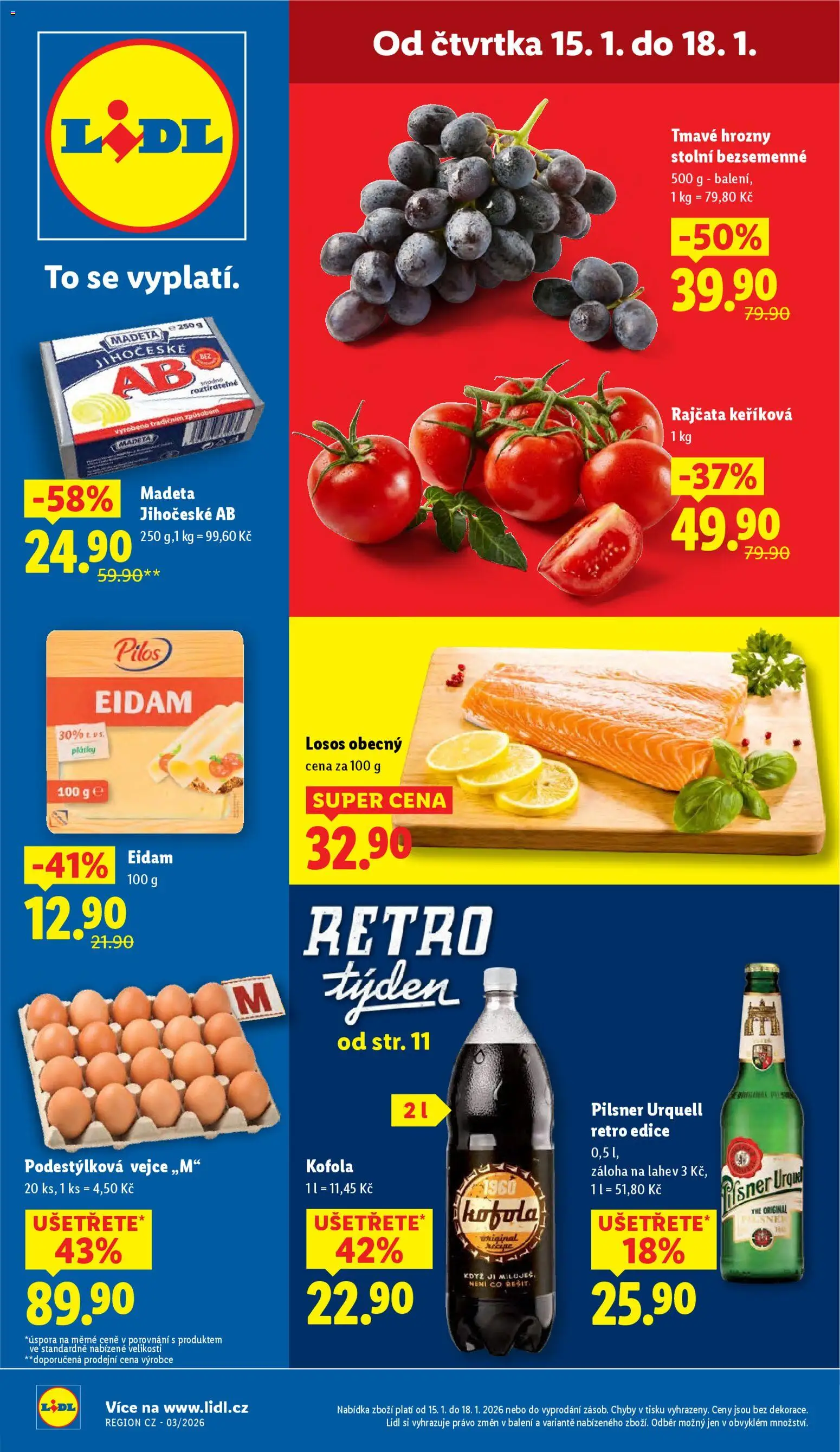 Lidl leták od 15.01.2026 | Strana: 1 | Produkty: Rajčata, Pilsner, Losos, Eidam