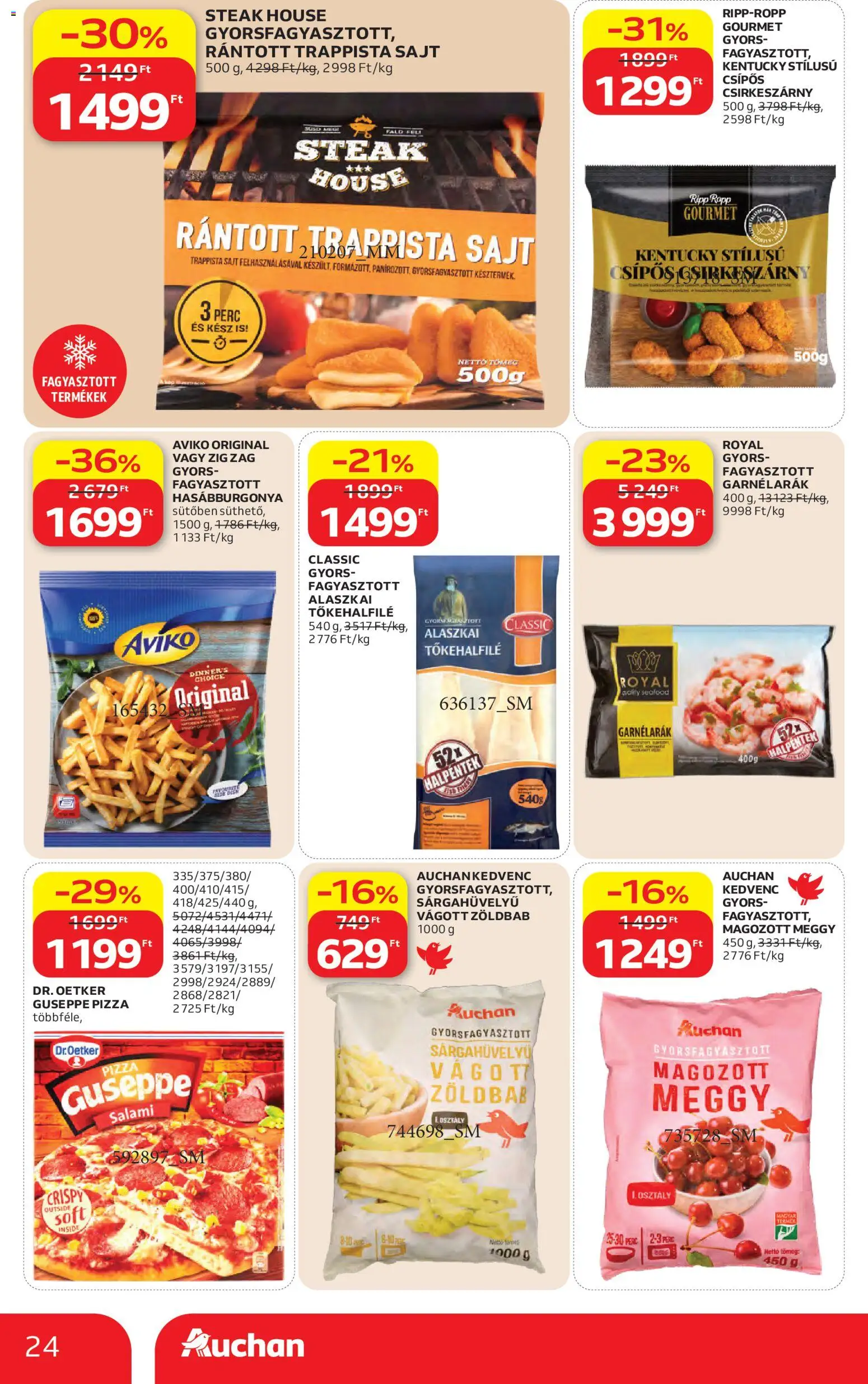 Auchan akciós ujság - amely érvényes a következő dátumtól: 30.04.2026 | Oldal: 24 | Termékek: Meggy, Alaszkai tőkehalfilé, Sajt, Trappista sajt