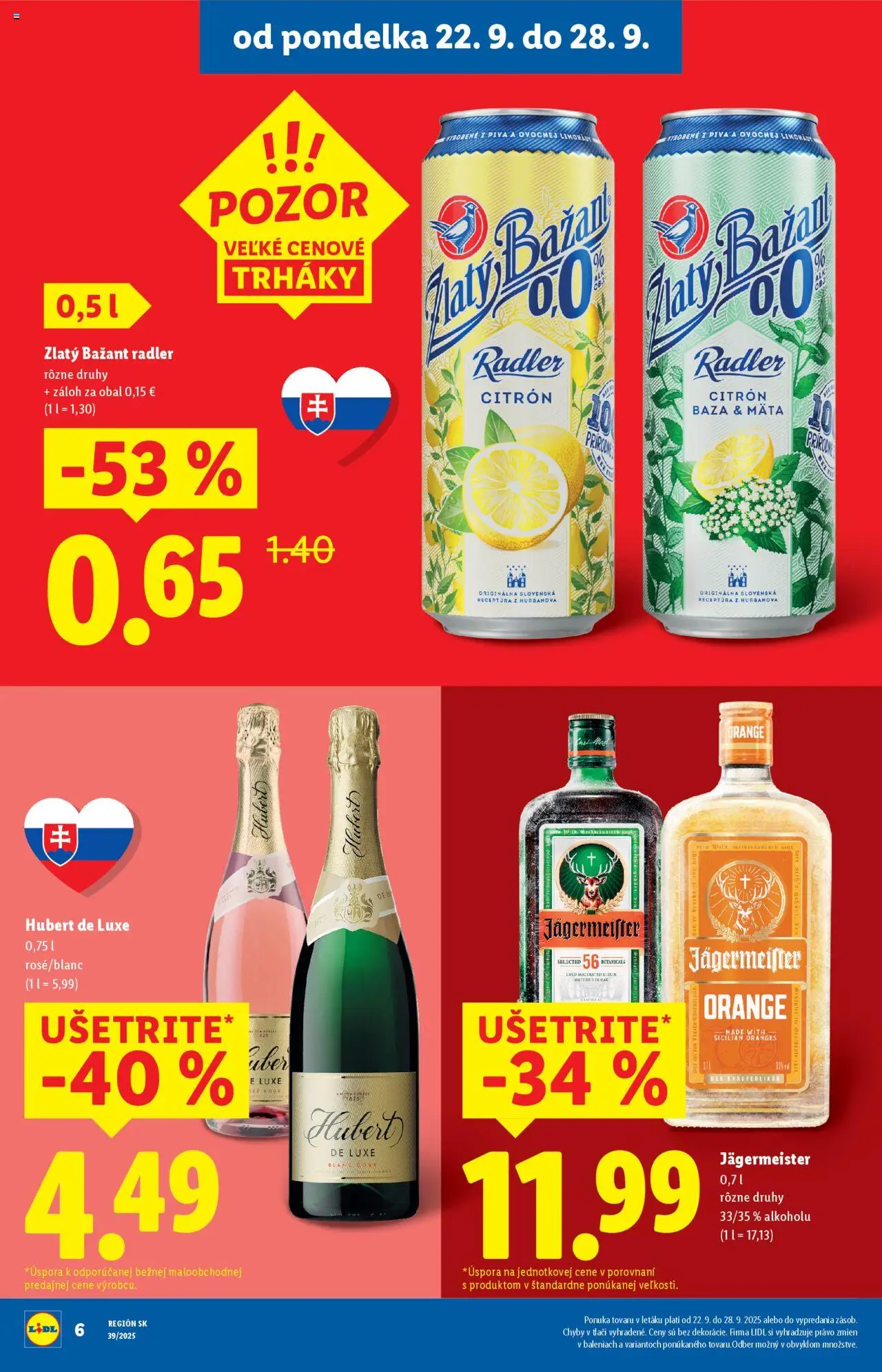 Nové Lidl akcie – leták je platný od 22.09.2025 | Strana: 10 | Produkty: Jägermeister, Radler, Zlatý Bažant, Hubert de Luxe