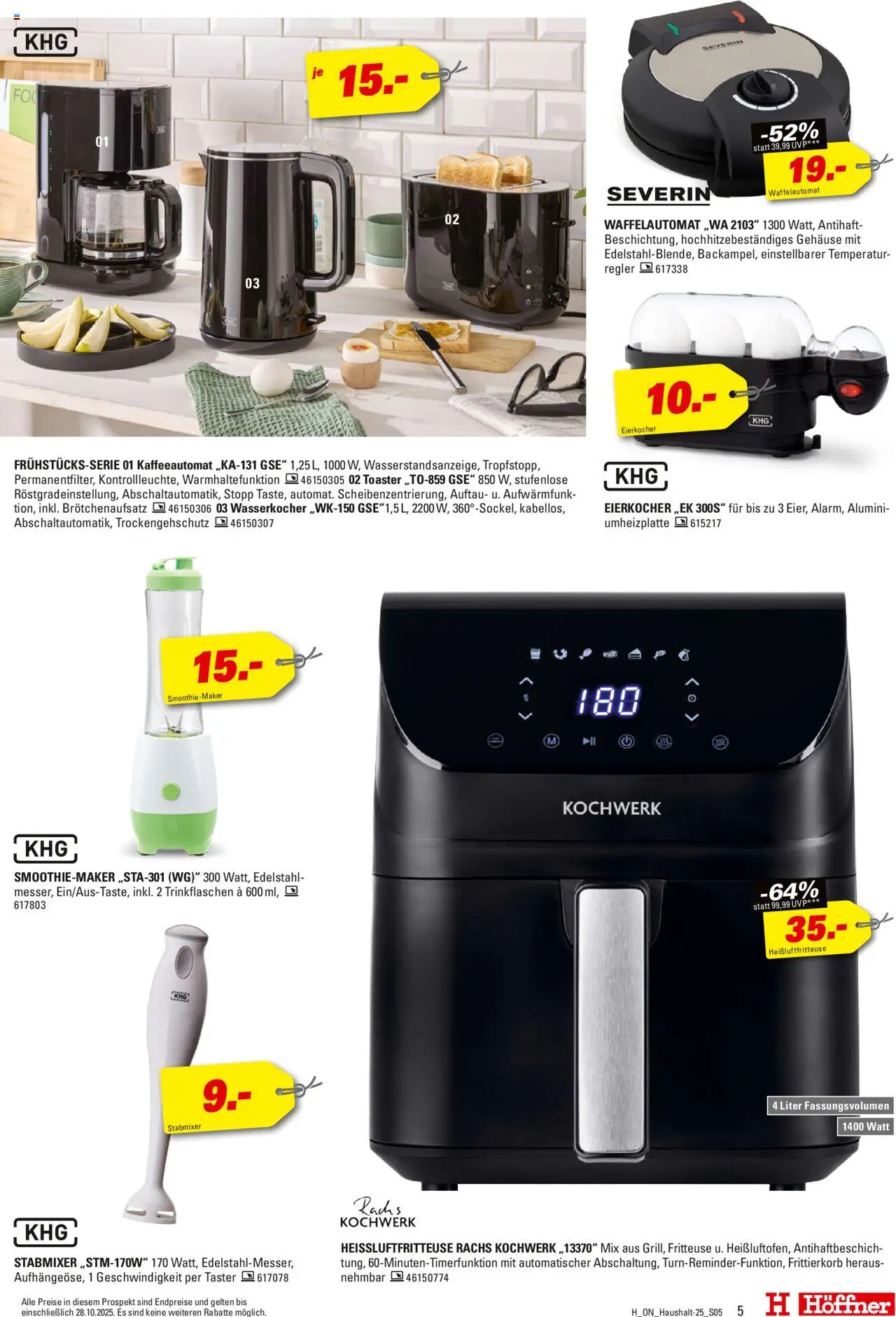 Höffner Haushalt Spezial – gültig ab 15.10.2025 | Seite: 5 | Produkte: Wasserkocher, Toaster, Fritteuse, Eierkocher