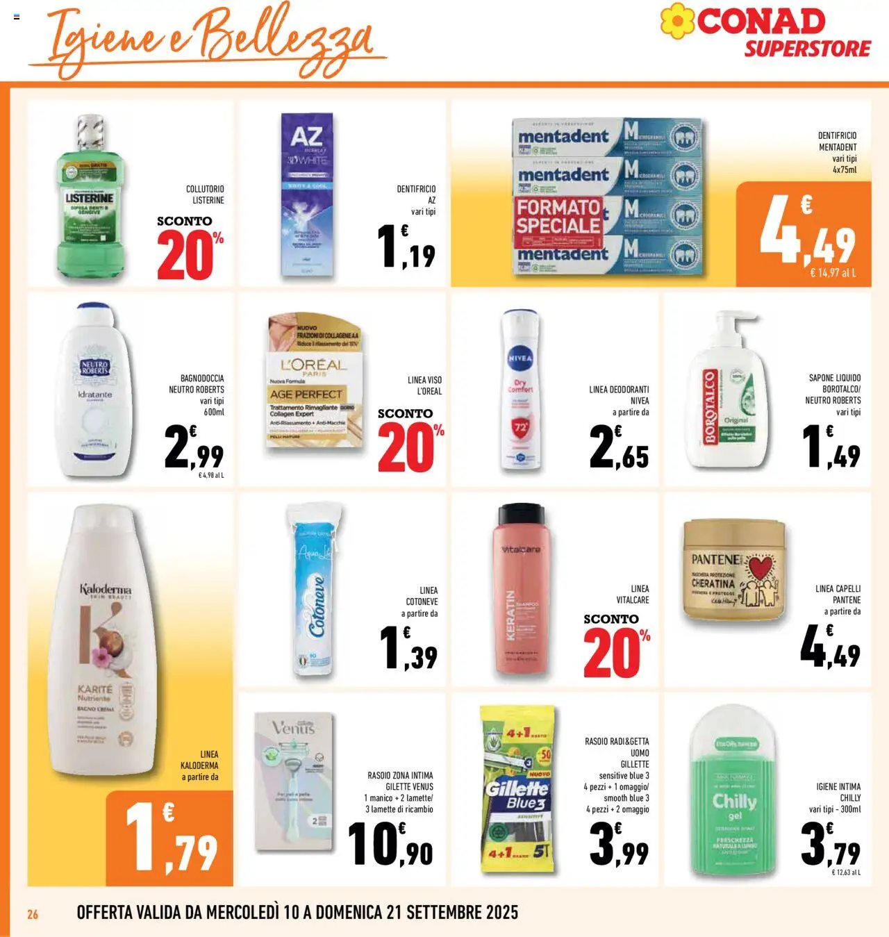 Volantino Conad del 10.09.2025 | Pagina: 26 | Prodotti: Rasoio, Sapone, Dentifricio, Collutorio