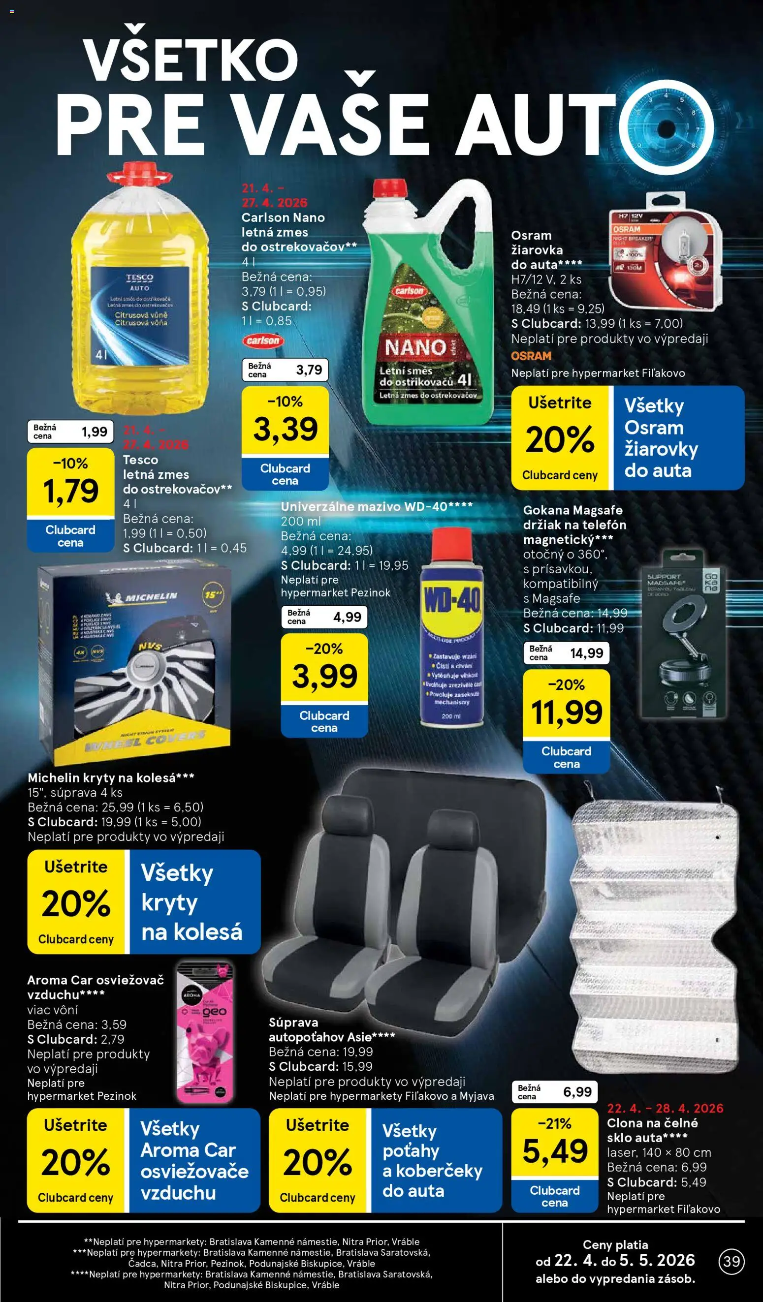 Nové Tesco akcie – leták je platný od 22.04.2026 | Strana: 39 | Produkty: Žiarovka, Žiarovky, Osviežovač vzduchu, Telefón