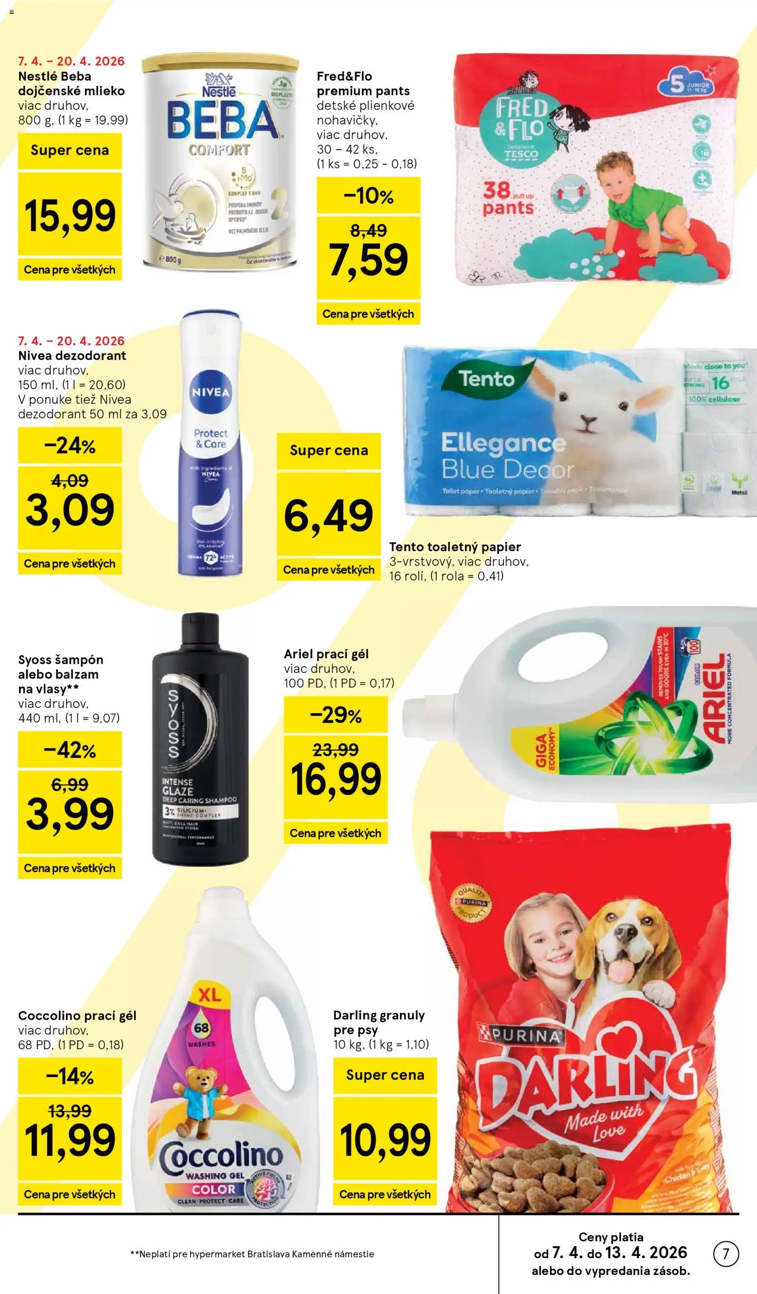 Nové Tesco akcie – leták je platný od 08.04.2026 | Strana: 7 | Produkty: Mlieko, Nivea, Ariel, Beba