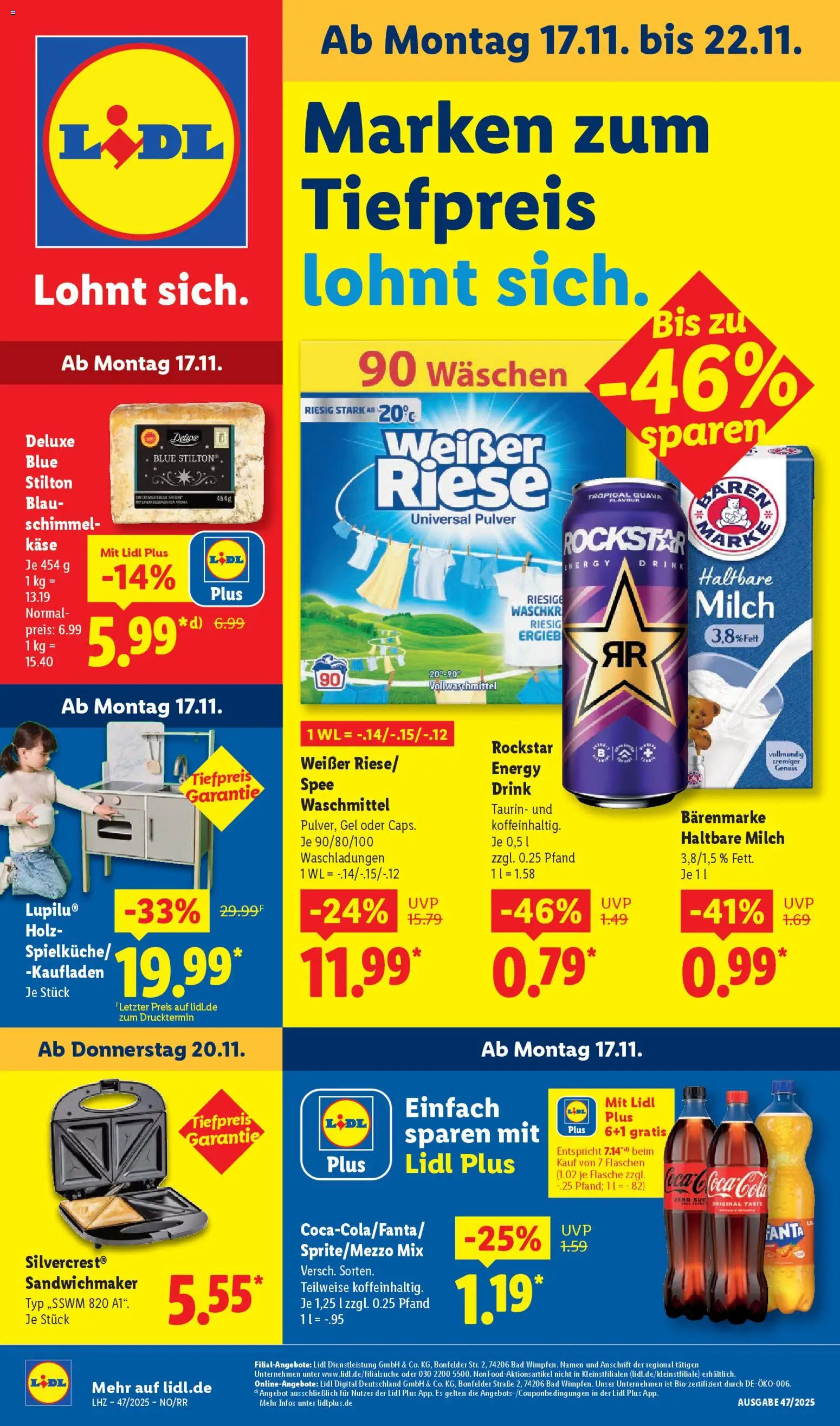 Lidl Prospekt Holzminden – gültig ab 17.11.2025 | Seite: 1 | Produkte: Cola, Haltbare milch, Bad, Waschmittel