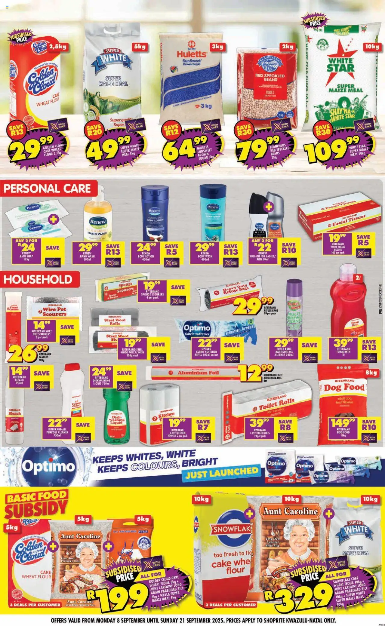 New Shoprite catalogue – valid from 08.09.2025 | Page: 3 | Products: Maize meal, Fabric softener, Dog food, Dishwashing liquid