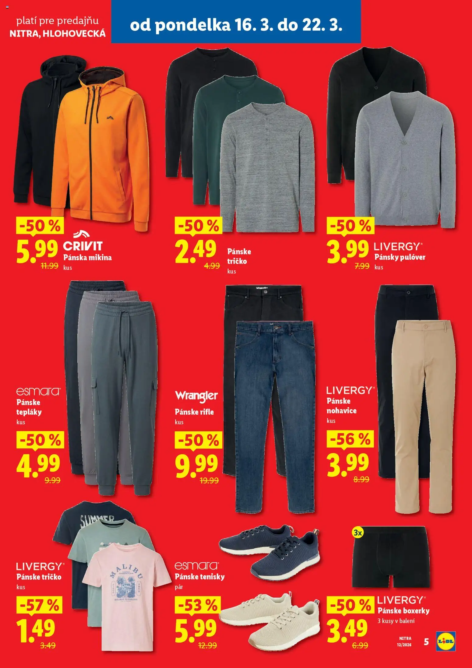 Nové Lidl akcie – leták je platný od 16.03.2026 | Strana: 5 | Produkty: Tričko, Mikina, Boxerky, Tenisky