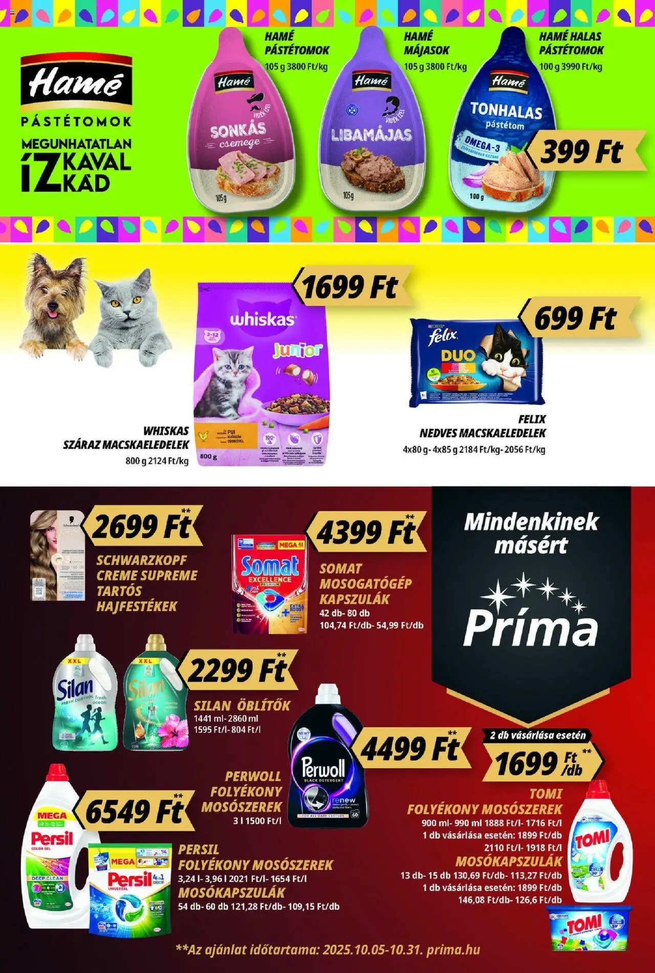 CBA Príma akciós ujság - amely érvényes a következő dátumtól: 09.10.2025 | Oldal: 8 | Termékek: Persil, Somat, Mosogatógép, Whiskas