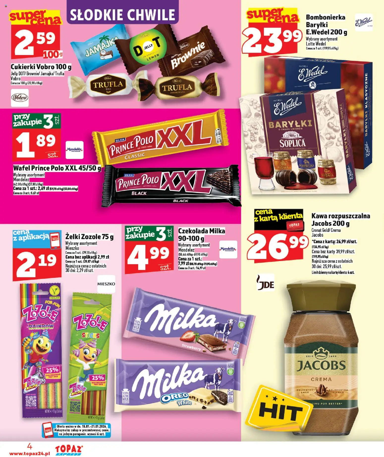 Topaz Gazetka - Express od 15.01.2026 | Strona: 4 | Produkty: Bombonierka, Czekolada milka, Żelki, Cukierki