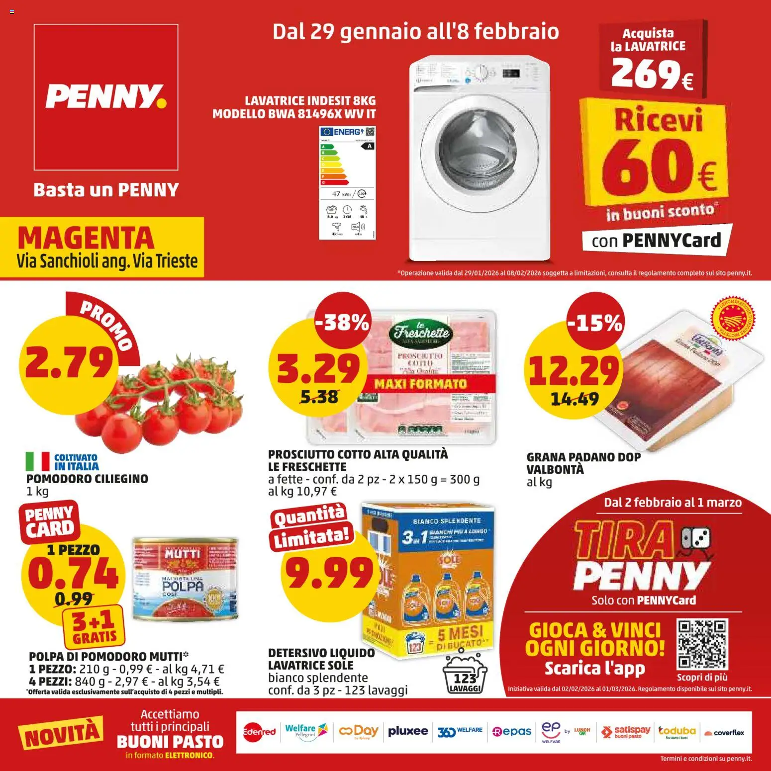 Volantino PENNY del 29.01.2026 | Pagina: 1 | Prodotti: Pomodoro, Prosciutto, Lavatrice, Mutti