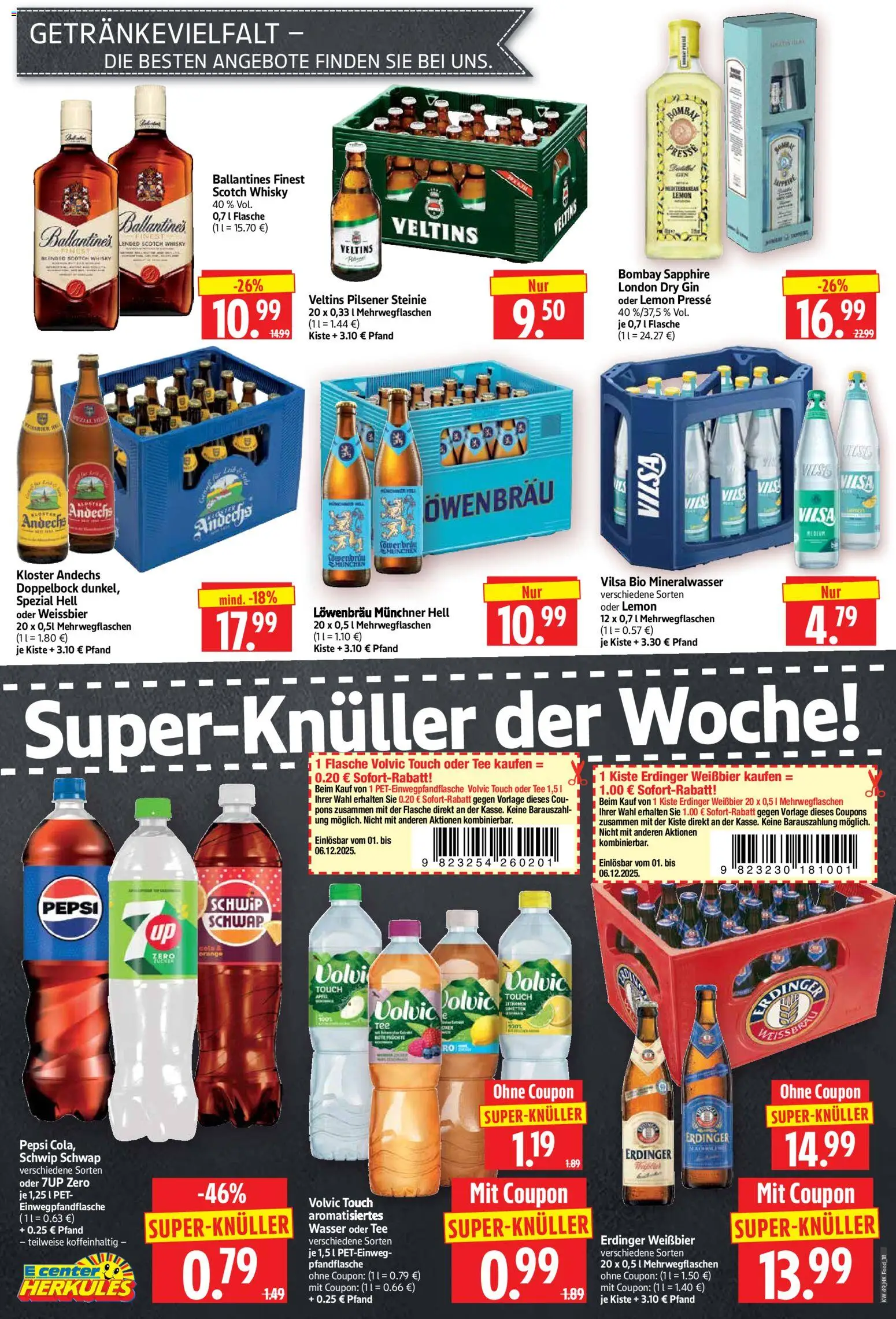 HERKULES Prospekt 	 – gültig ab 01.12.2025 | Seite: 18 | Produkte: Weißbier, Tee, Gin, Volvic