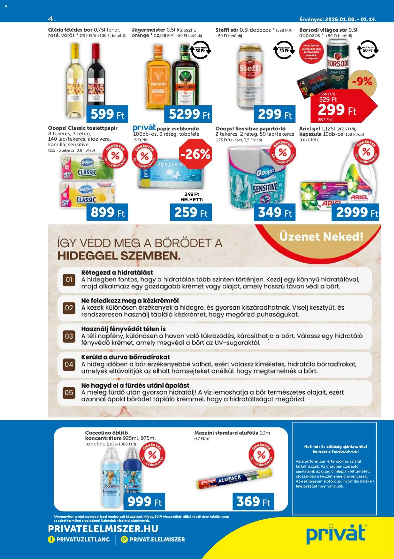 PRIVÁT akciós ujság - amely érvényes a következő dátumtól: 08.01.2026 | Oldal: 4 | Termékek: Coccolino, Papírtörlő, Öblítő, Zöldség